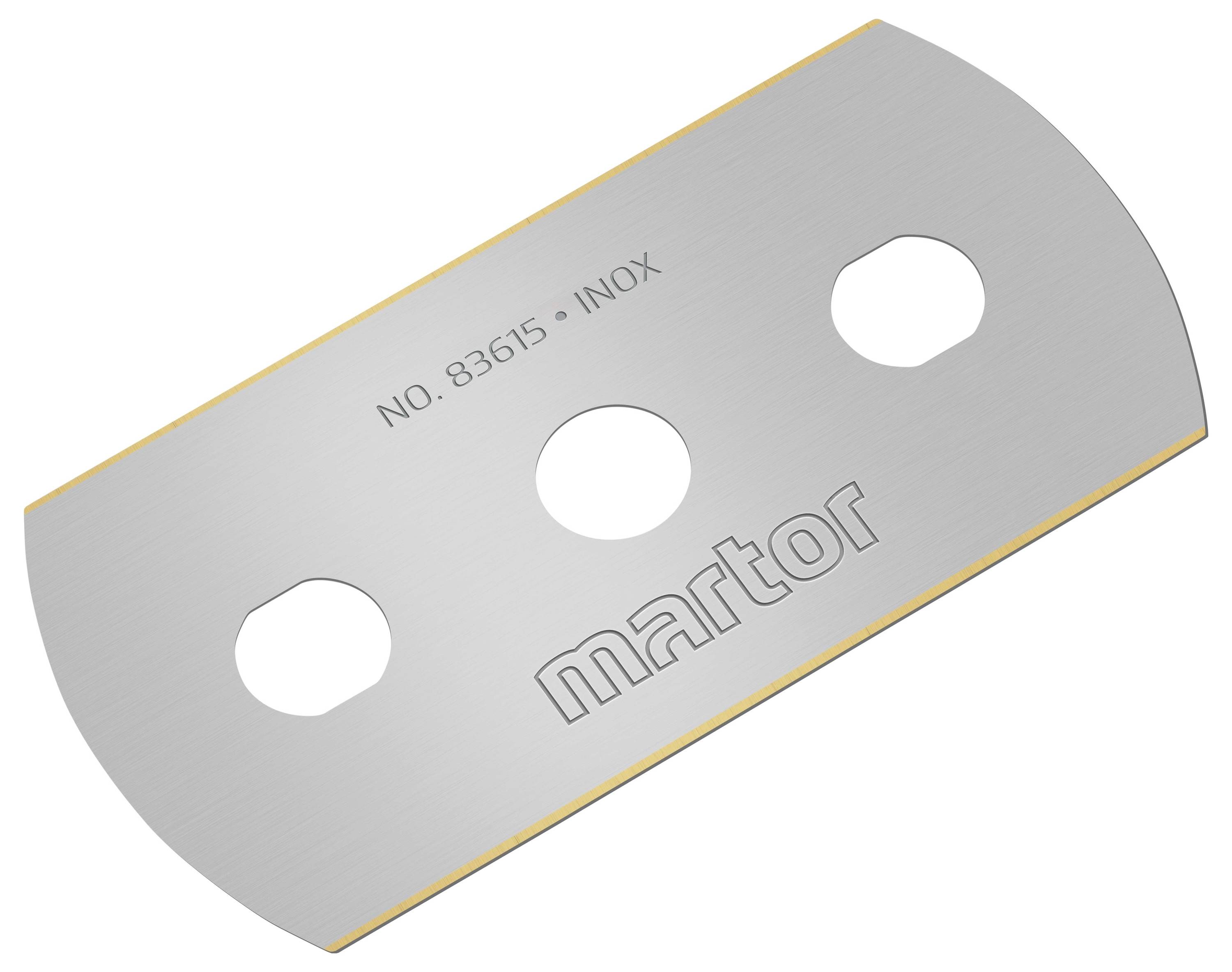 Metallklinge mit drei Löchern und der Prägung 'martor', Modellnummer 83615, Edelstahl.