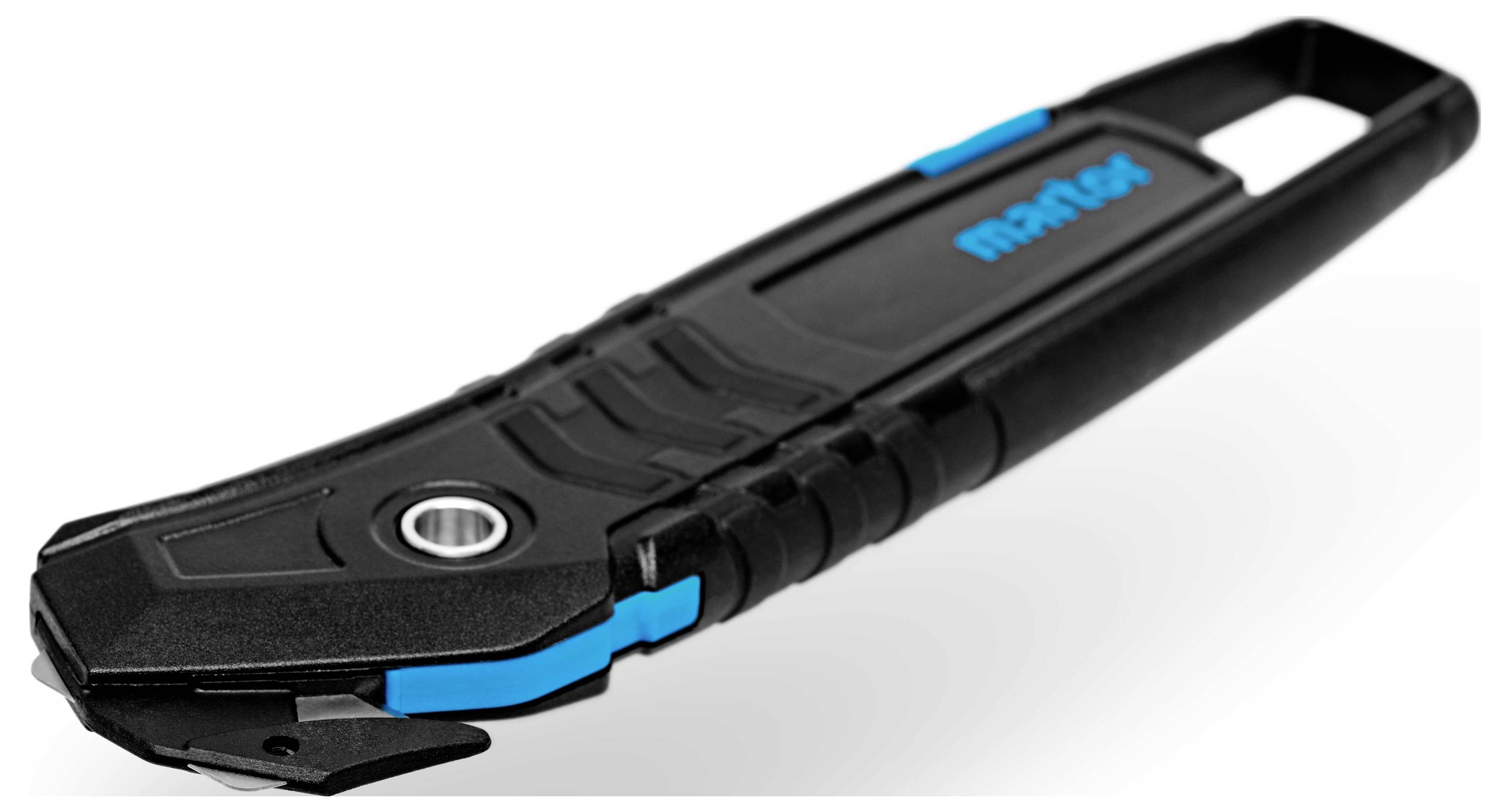 Ein schwarzes Sicherheitsmesser mit blauen Akzenten und ergonomischem Griff, geeignet zum sicheren Schneiden von Verpackungsmaterial.