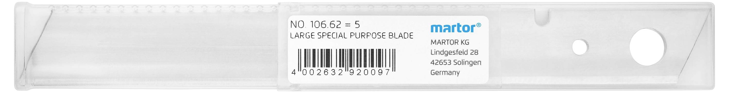 Klare Kunststoffverpackung eines Martor-Ersatzklingenprodukts mit Barcode und Firmenanschrift.