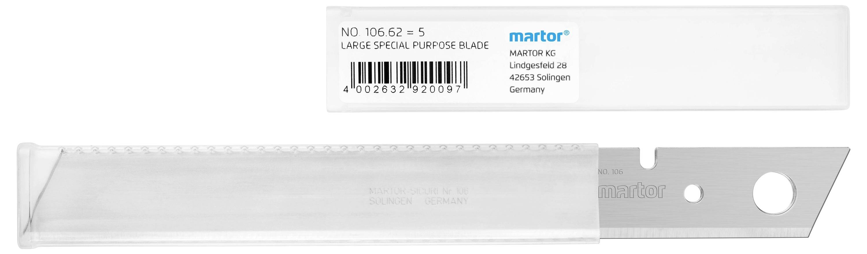 Ein professionelles Klingenmesser in weißer Kunststoffhülle, mit Produktdetails und Adresse des Herstellers in Deutschland aufgedruckt.