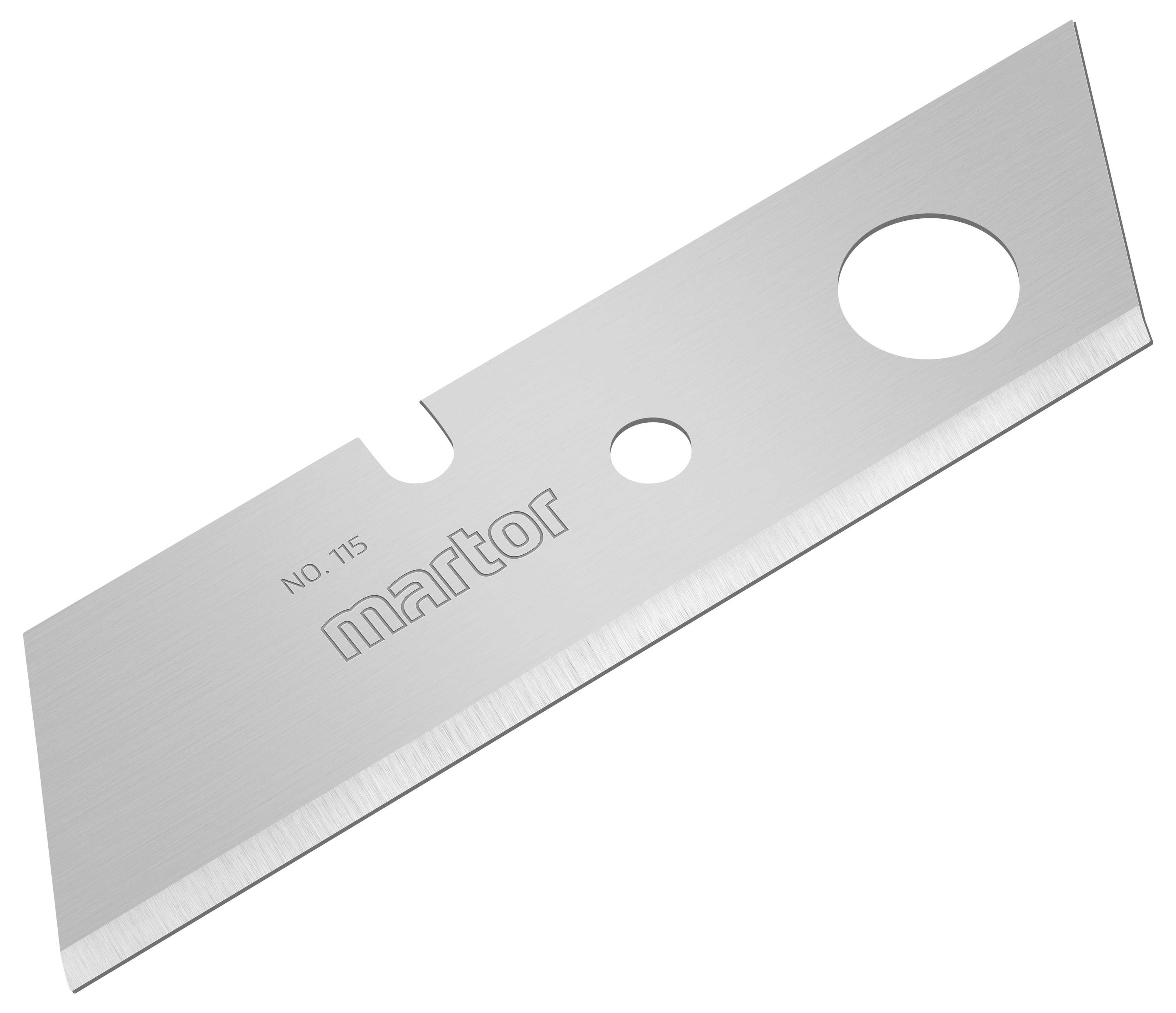 Ein silbernes Ersatzklingenmesser mit zwei Löchern und dem Schriftzug 'martor No. 115'.