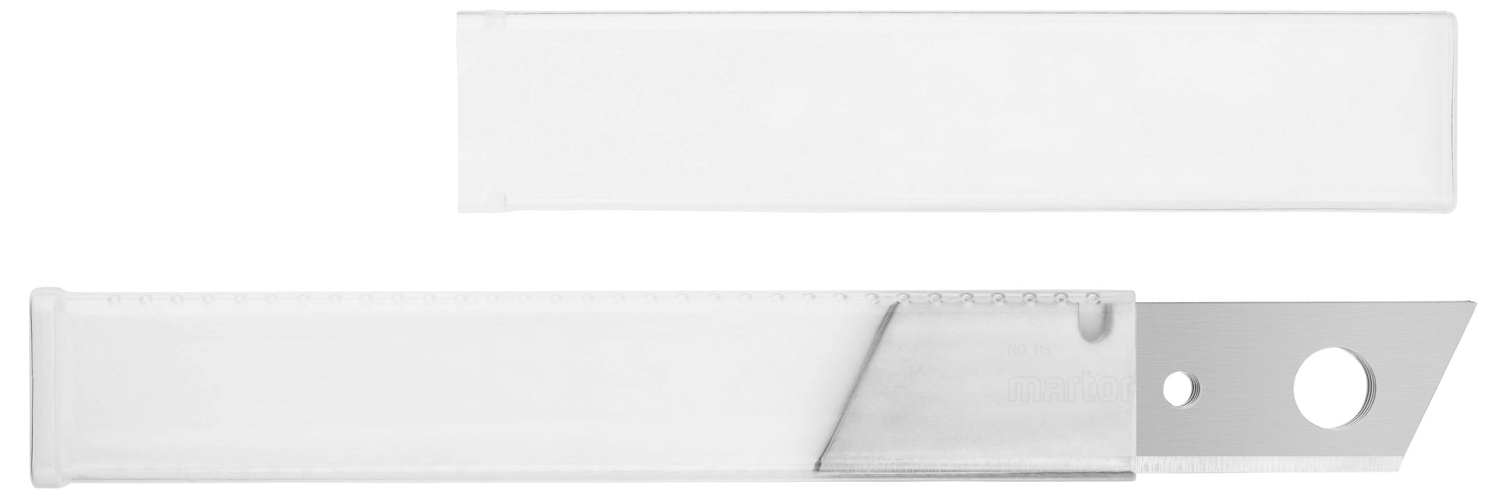 Ein weißer, transparenter Büro-Cutter mit einer ausgestreckten Klinge liegt neben seiner Schutzhülle.