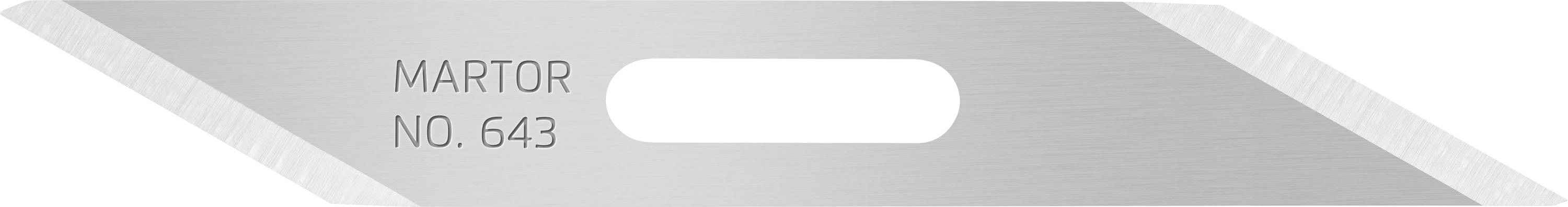Klinge mit der Aufschrift 'Martor No. 643', silberfarben, mit mittlerem Schlitz für Befestigung.