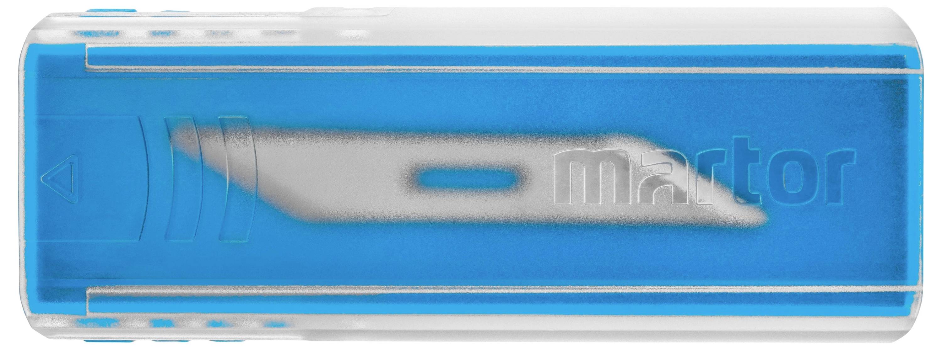 Ein scharfe Ersatzklinge in blauer Kunststoffbox.