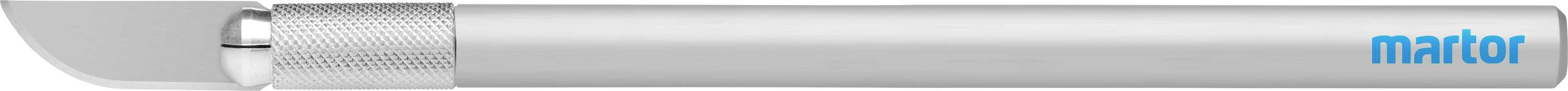 Grauer Sicherheitscutter mit Klinge, blaue Aufschrift 'martor' an der Seite.