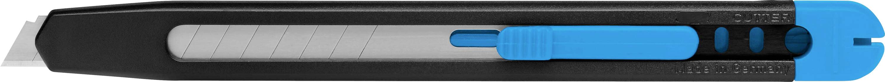 Ein blauer und schwarzer Universalmesser mit eingezogener grauer Klinge und einem blauen Schieber zur Klingenverlängerung.