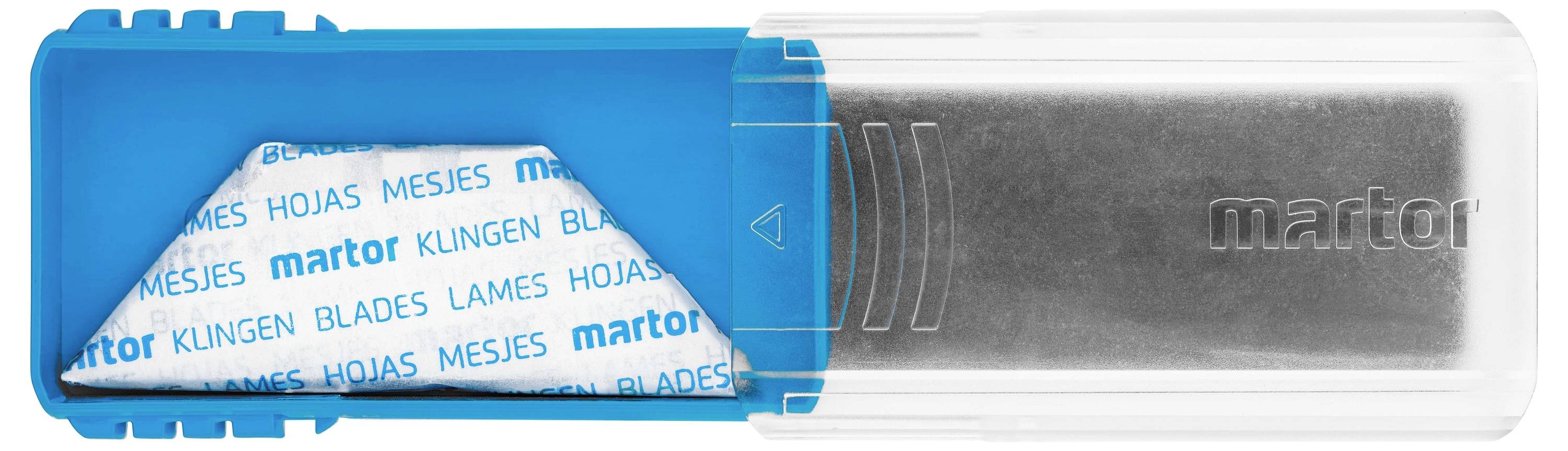 Behälter mit blauen und transparenten Abschnitten enthält Klingen. Die Aufschrift 'Klingen, Blades, Lames, Hojas, Mesjes' ist zu sehen.