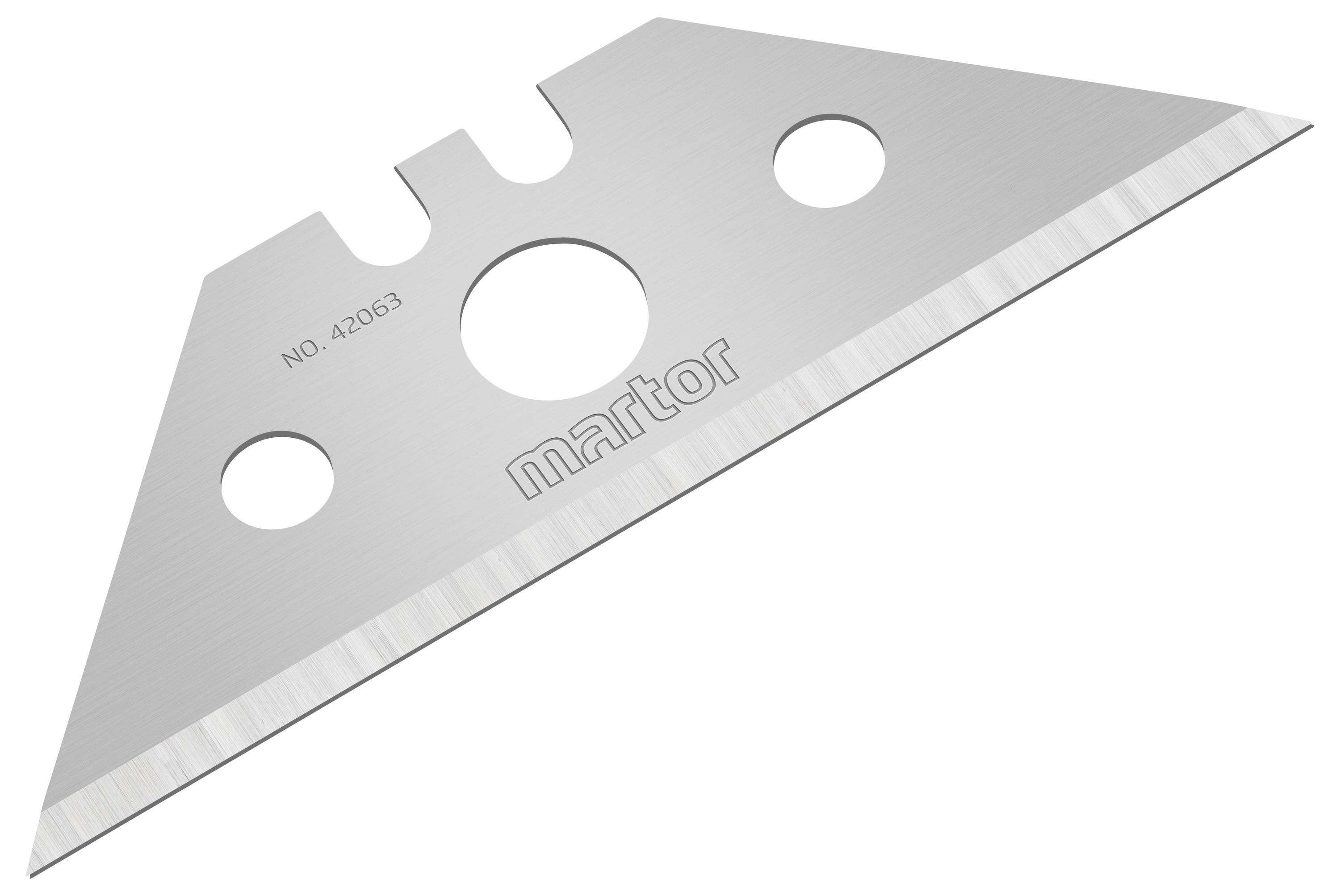 Silbernes Trapezklingenmesser mit drei runden Löchern und der Aufschrift 'martor'. Geeignet für präzise Schneidearbeiten.