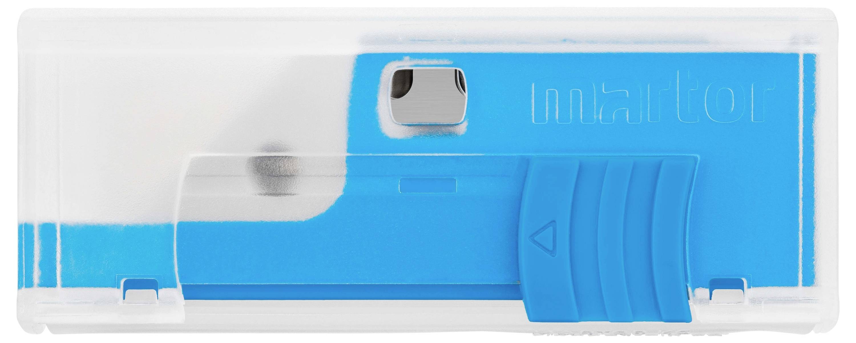 Blauer und weißer Bleistiftanspitzer in rechteckiger Kunststoffhülle, mit Schieber zum Entleeren von Spänen und einem Metallschneider.