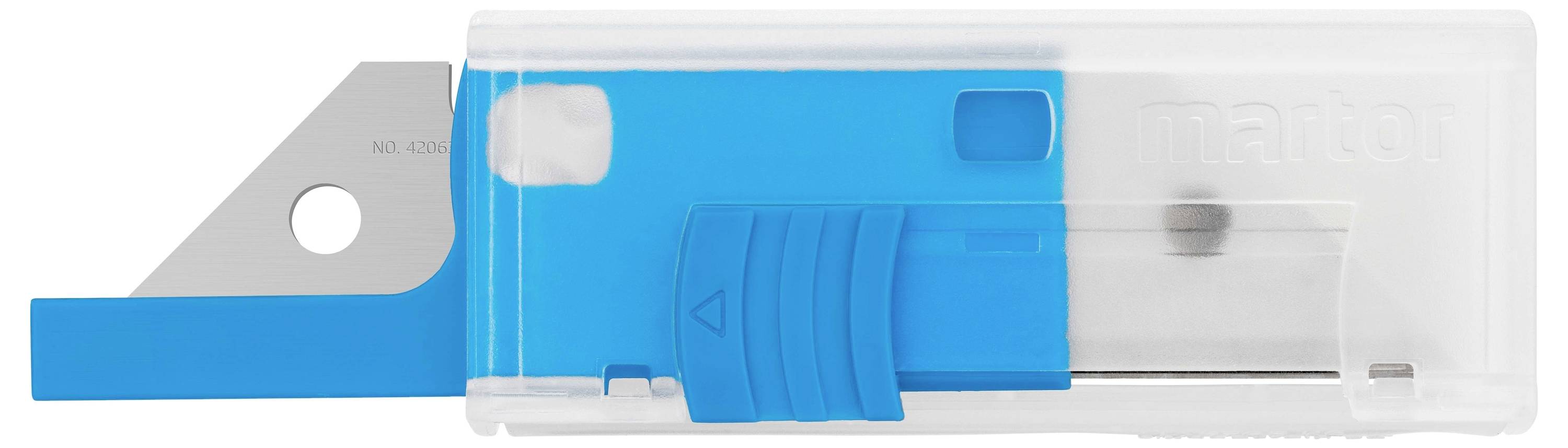 Blauer und transparenter Folienschneider mit sichtbarer Klinge und ergonomischem Griff.