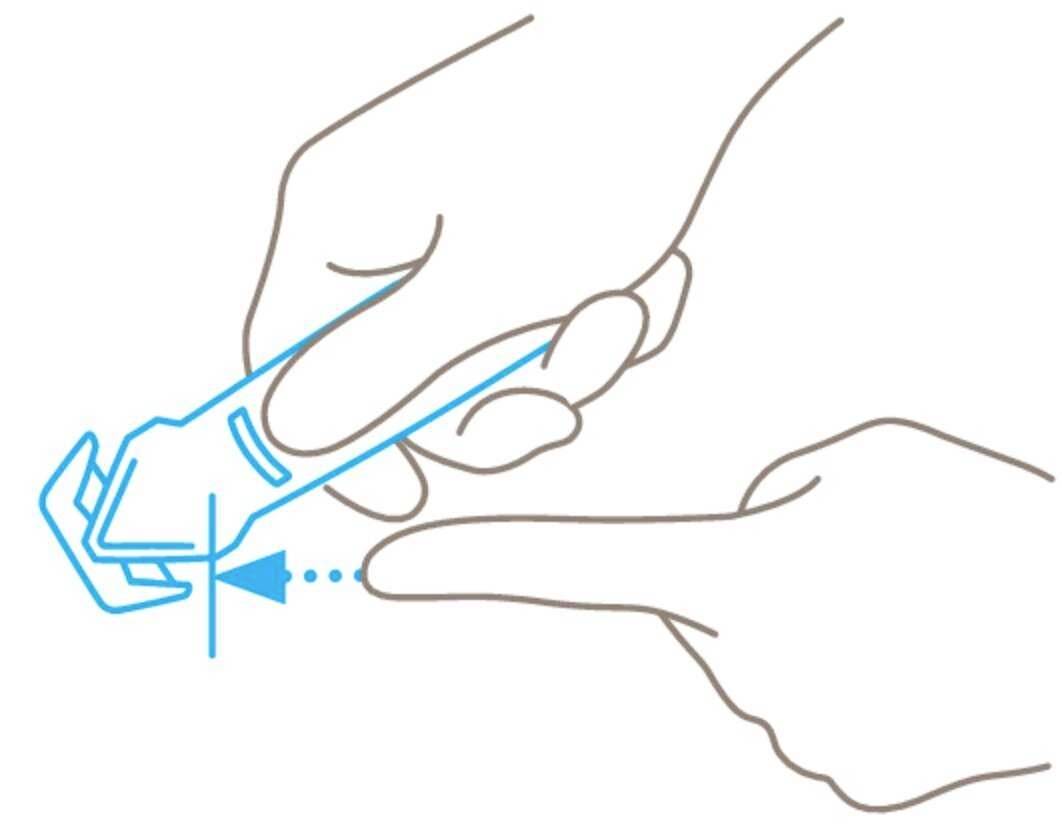 Ein Diagramm zeigt eine Hand, die ein Gerät hält, das über einen ausgestreckten Finger gezogen wird, um die Schnittrichtung anzuzeigen.