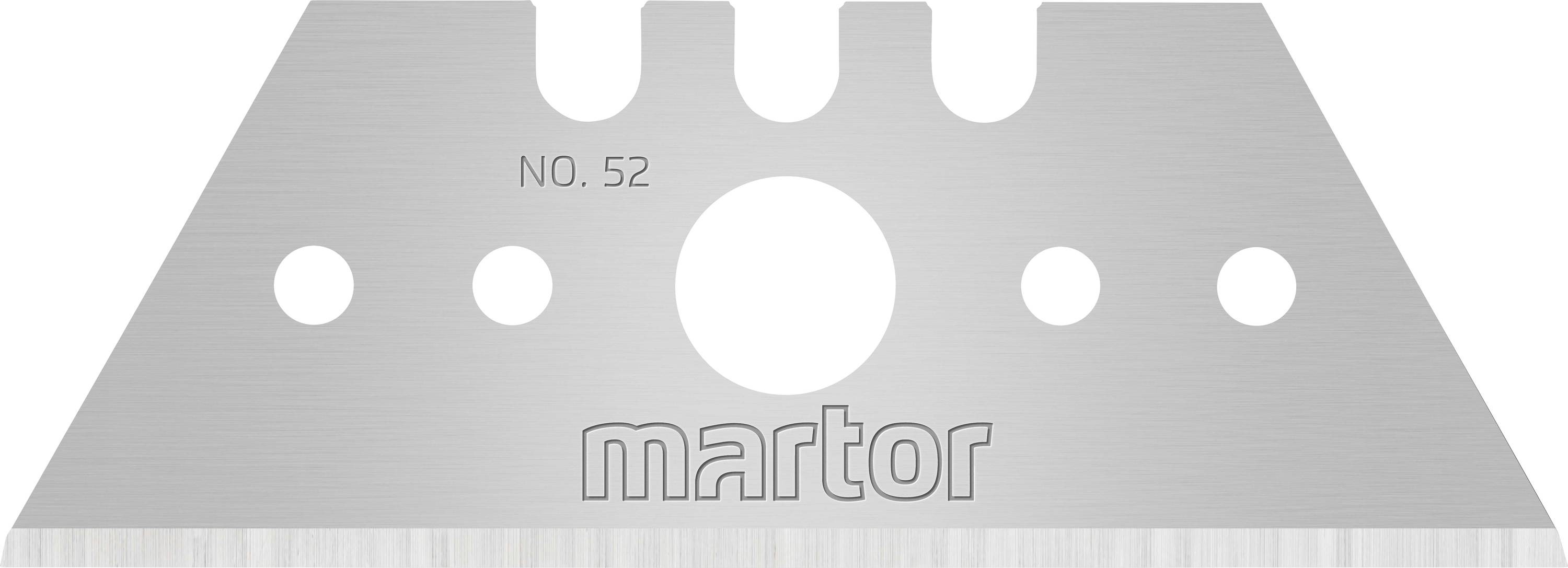 Dreieckige Ersatzklinge mit zentralem Loch und drei runden Aussparungen, beschriftet mit 'NO. 52' und 'martor'.