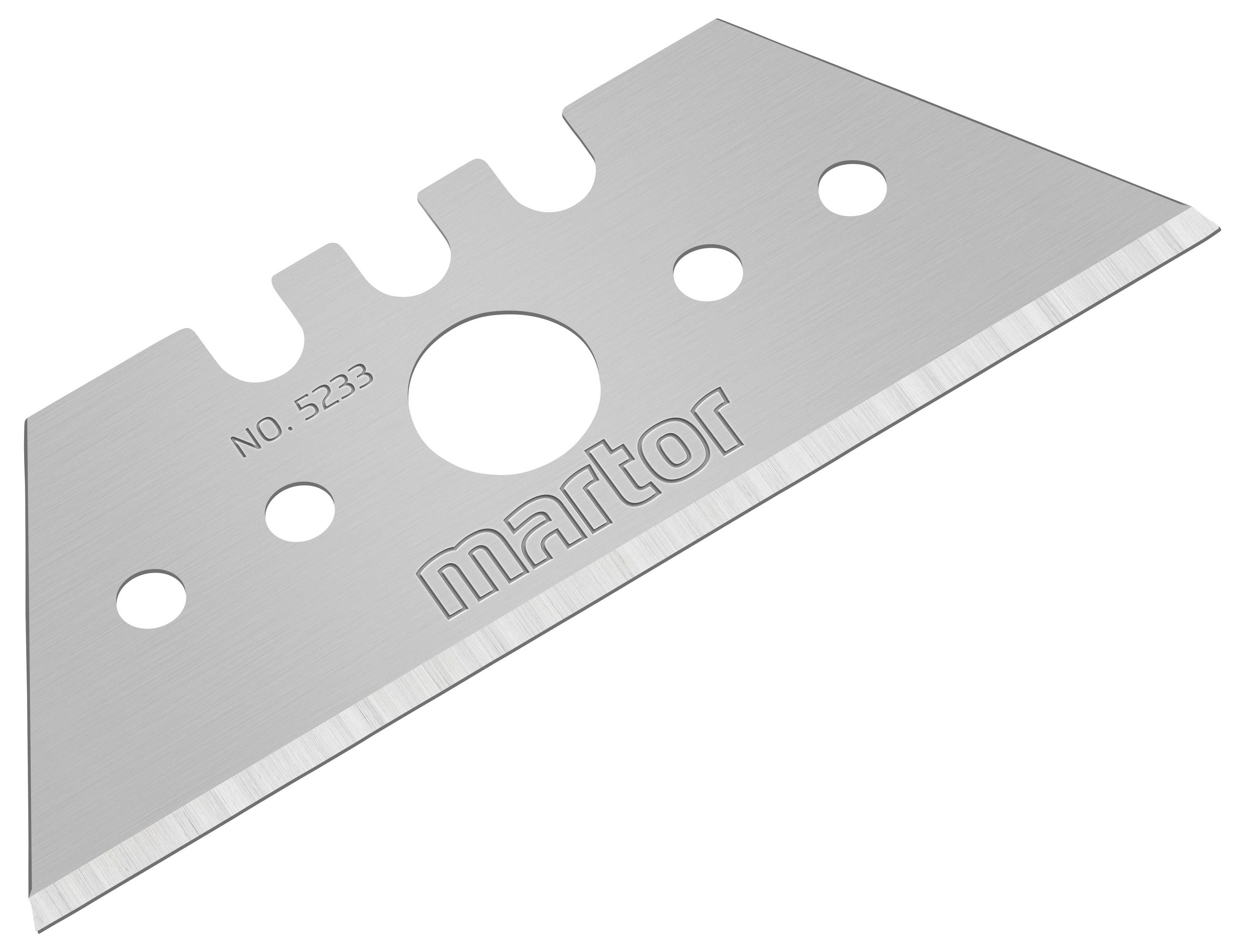 Klingenaufsatz aus Metall mit mehreren Löchern und einem zentralen Schlitz. Die Aufschrift 'martor' ist sichtbar.