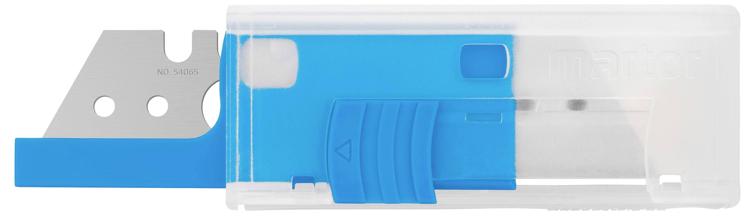 Klingenhalter mit eingebauter Klinge, Schiebefunktion zur Entnahme, in blauer und transparenter Kunststoffhülle.