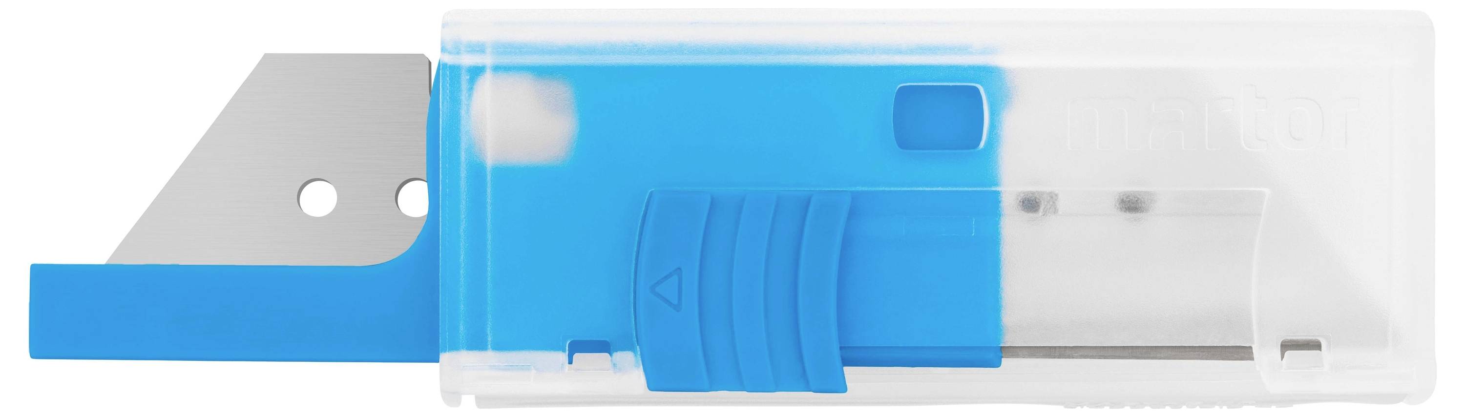 Ein blau-weißer Cuttermesserhalter mit eingesetzter Klinge.