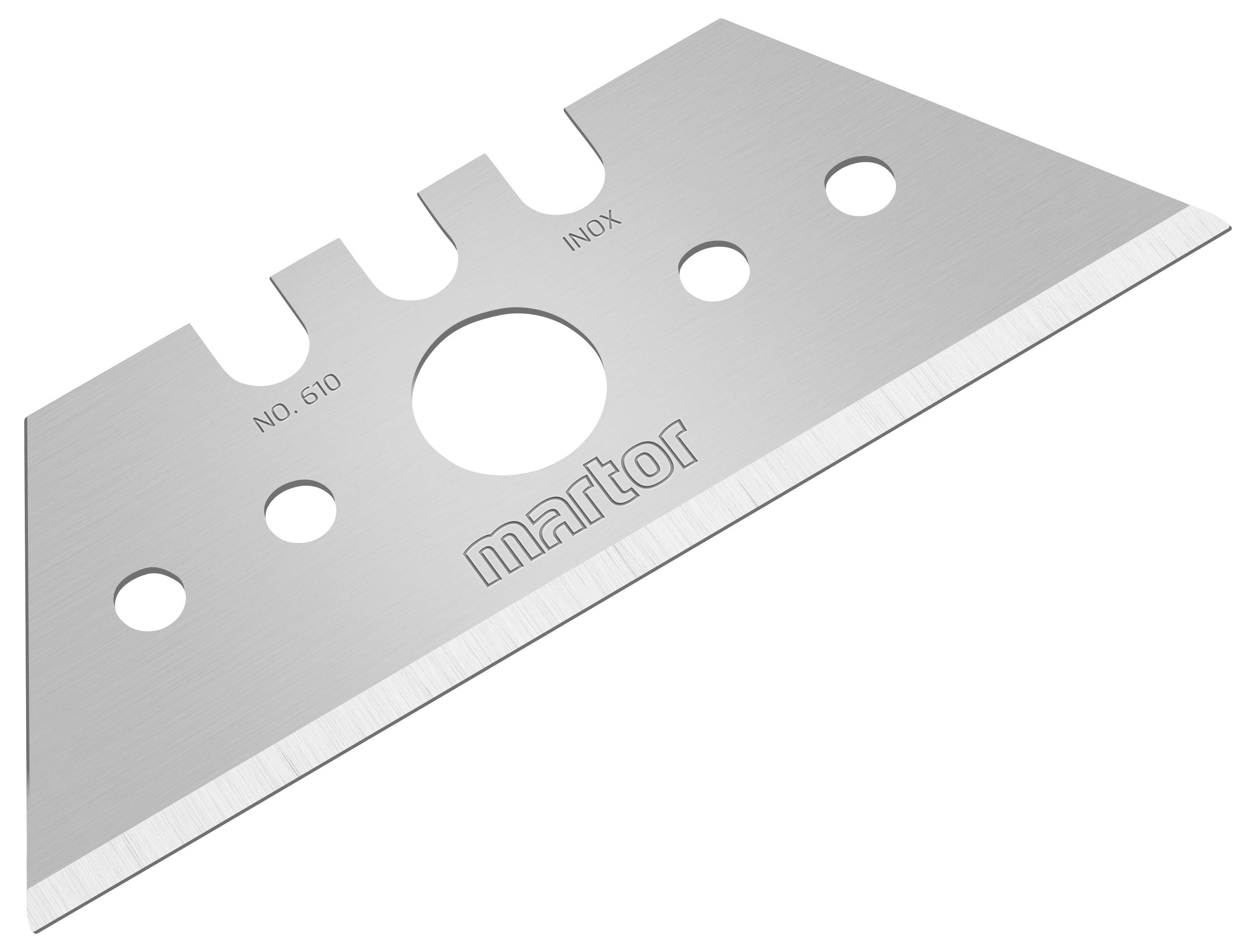 Ersatzklinge aus Metall mit mehreren Löchern unterschiedlicher Größe und der Aufschrift 'Martor No. 610 INOX'.