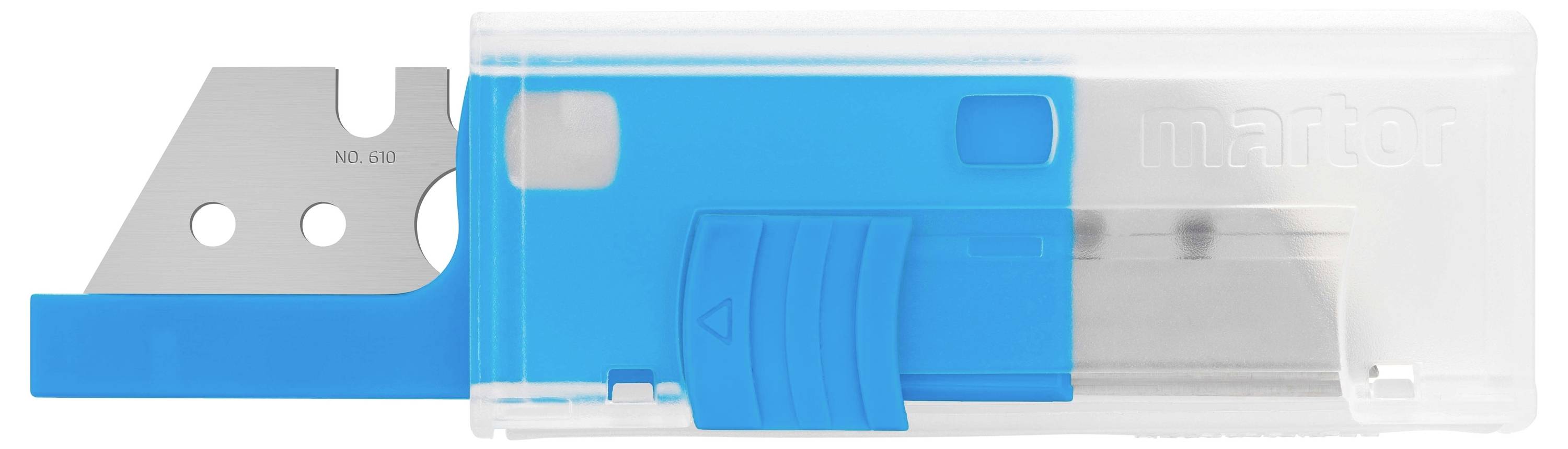 Rechteckige Klingen, teilweise in blauer Plastikbox sichtbar. Text 'martor' auf transparenter Abdeckung.