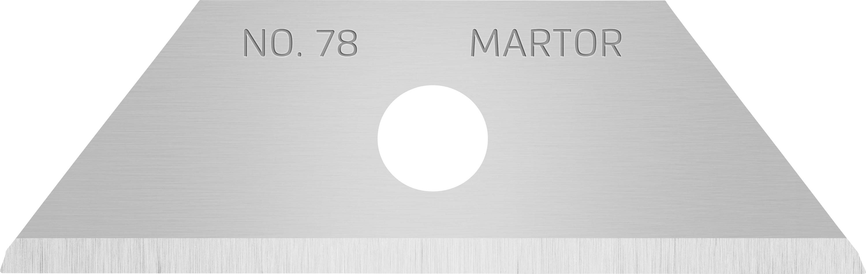 Trapezförmige Ersatzklinge mit runder Öffnung in der Mitte. Gravur: 'NO. 78 MARTOR'. Silbernes Metall, glatte Schneidkante am Rand.