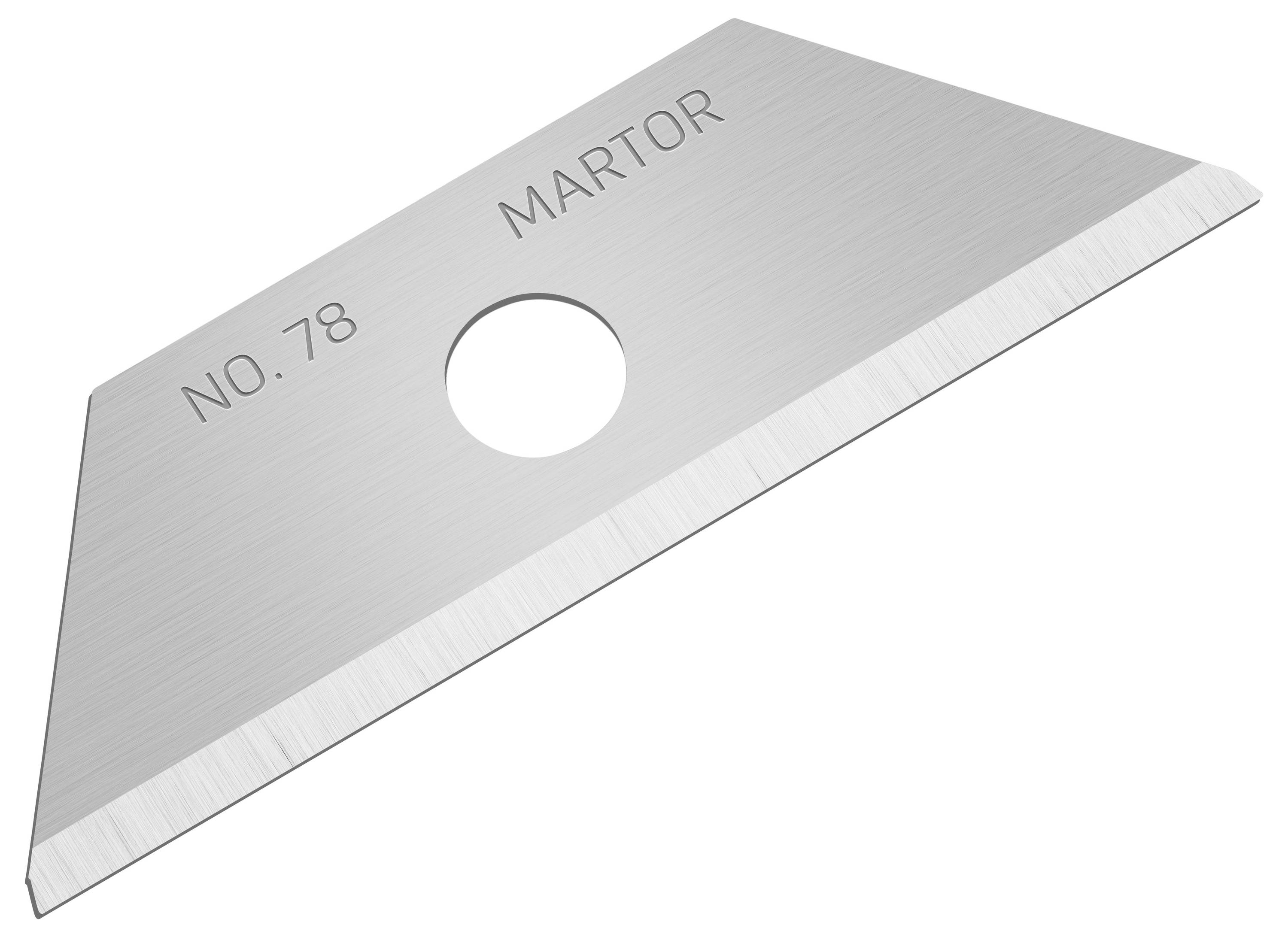Ein silbernes Ersatzklingenmesser mit Loch in der Mitte und der Aufschrift 'NO. 78 MARTOR' auf der Oberfläche.