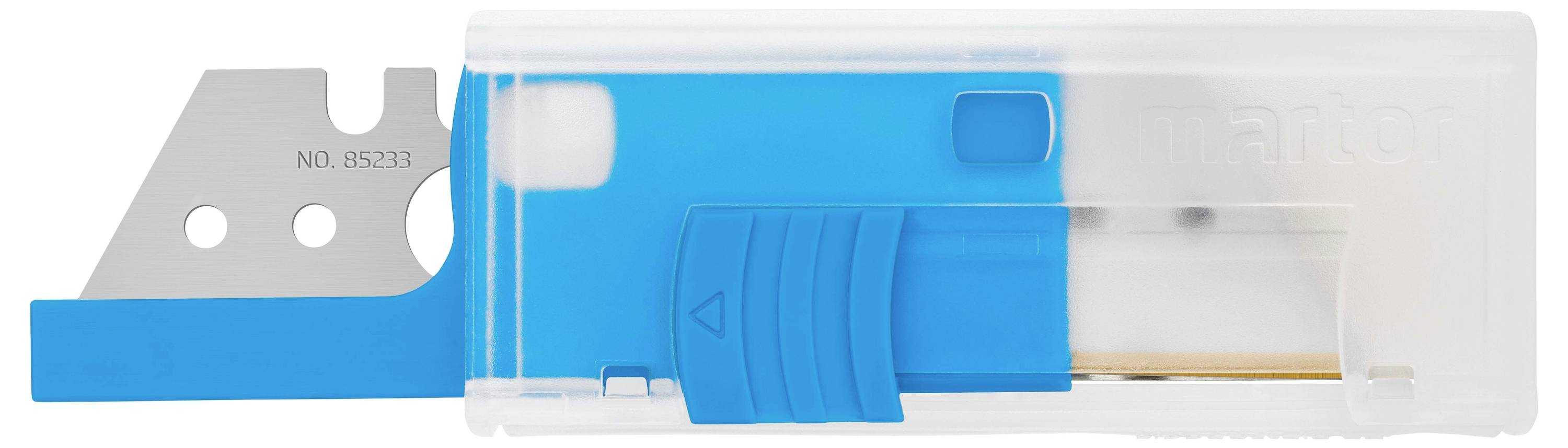 Blauer und transparenter Plastikhalter mit eingelassener silberner Klinge und Beschriftung 'NO.85233'.