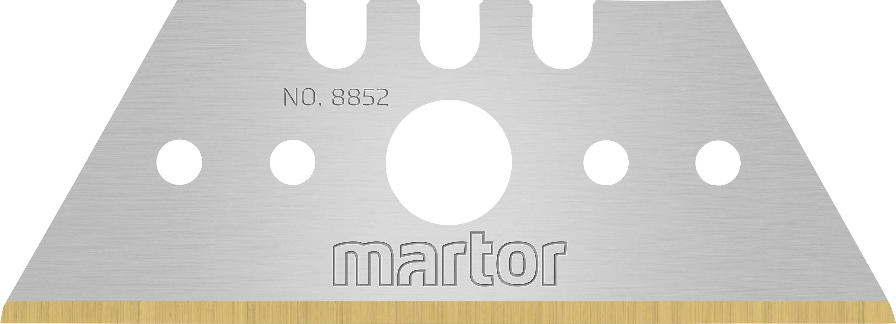 Martor trapezförmige Ersatzklinge aus Stahl mit fünf Löchern, geprägt mit 'NO. 8852' und 'martor', dient zum Schneiden.