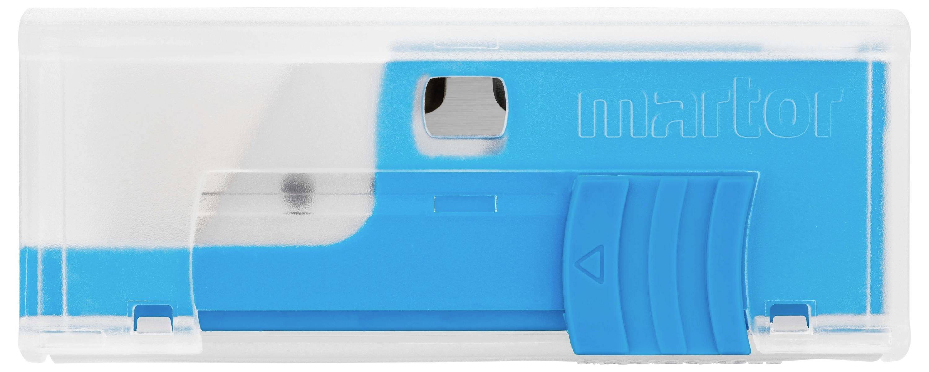 Ein blau-weißer Klingenbehälter mit Schiebemechanismus. Er dient zur Aufbewahrung und zum Schutz von Klingen.