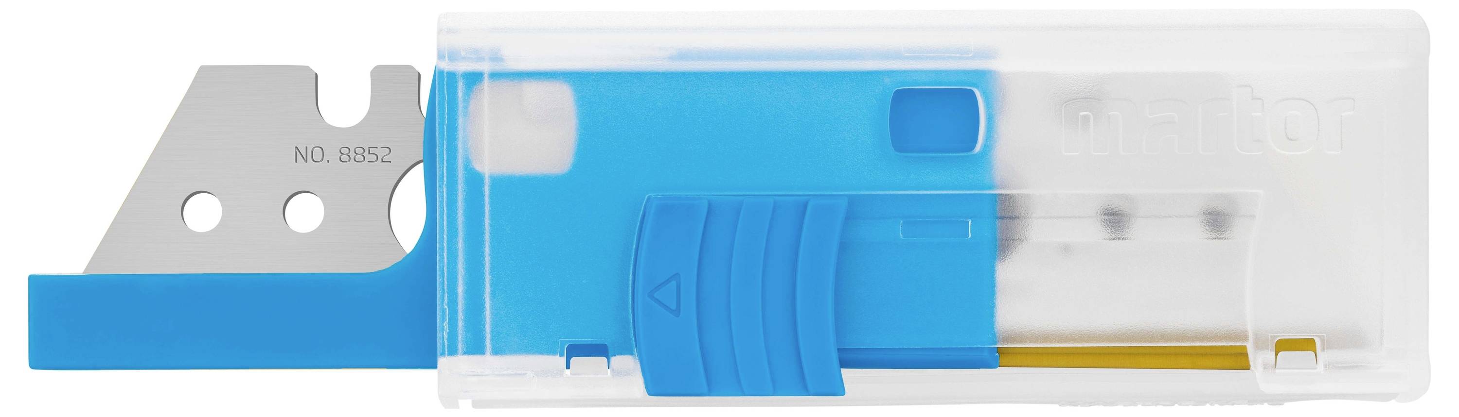 Ein Klingenhalter mit blauer Abdeckung und sichtbarer Klinge, teilweise in einem durchsichtigen Plastikgehäuse eingeschoben.