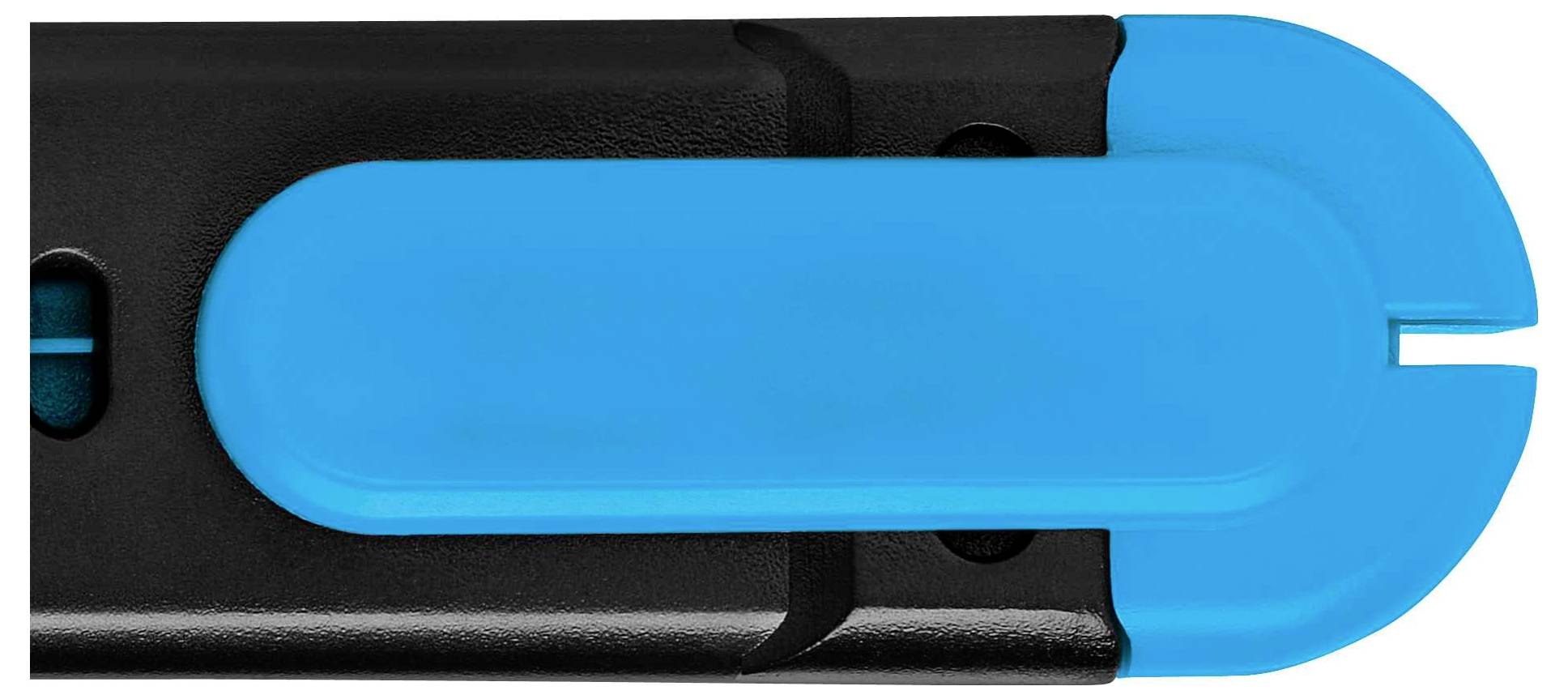 Blauer Schneider an einem schwarzen Stab, vermutlich ein Sicherheitsschneider für Verpackungen oder Seile.