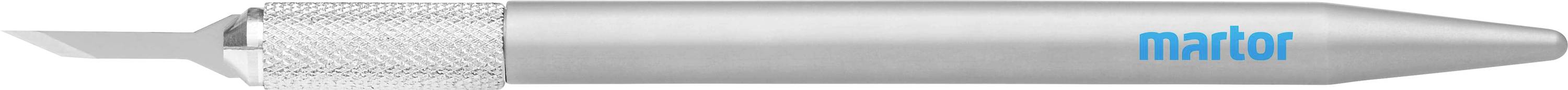 Silberner Cutter mit blauer Aufschrift 'maXor' auf dem Griff.