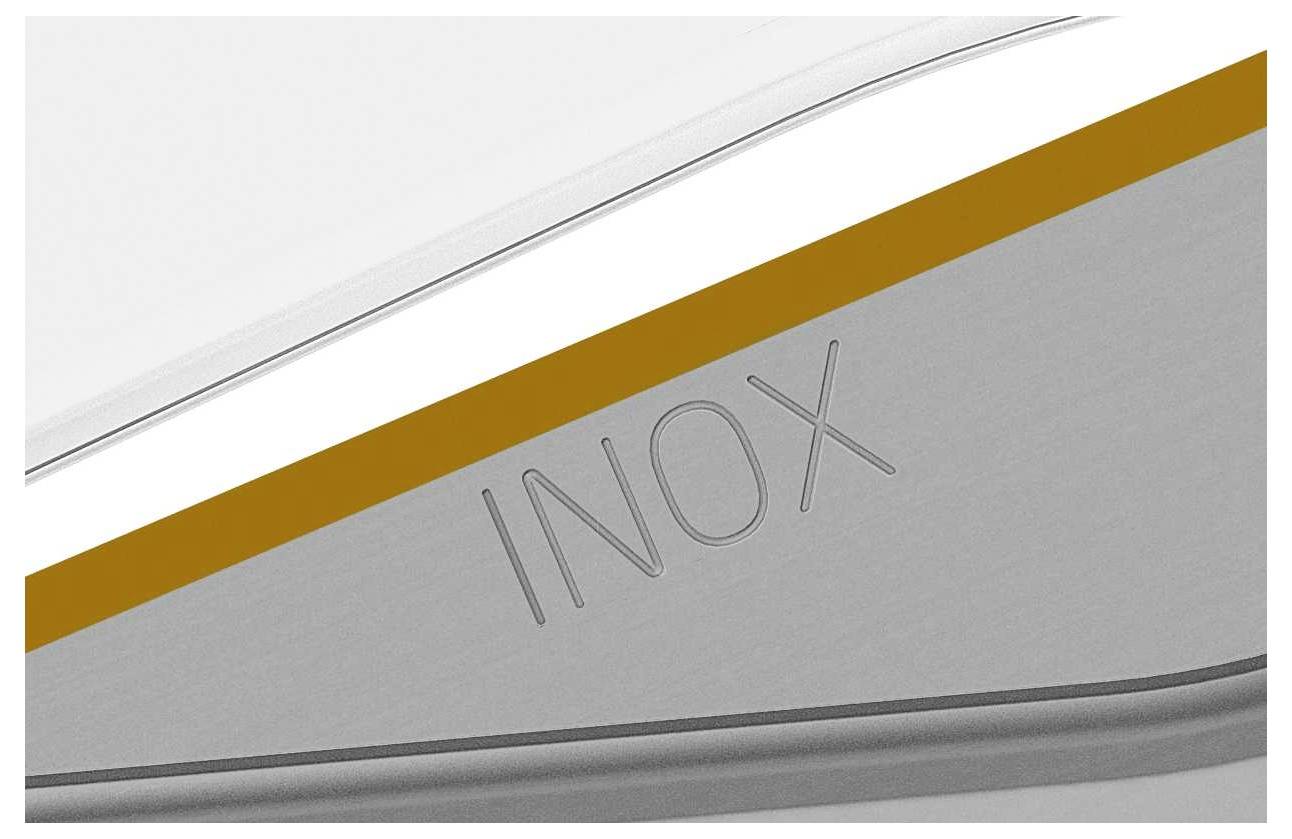 Die Abbildung zeigt einen silbernen Metallgegenstand mit der Gravur 'INOX', verziert mit einem goldfarbenen Streifen.