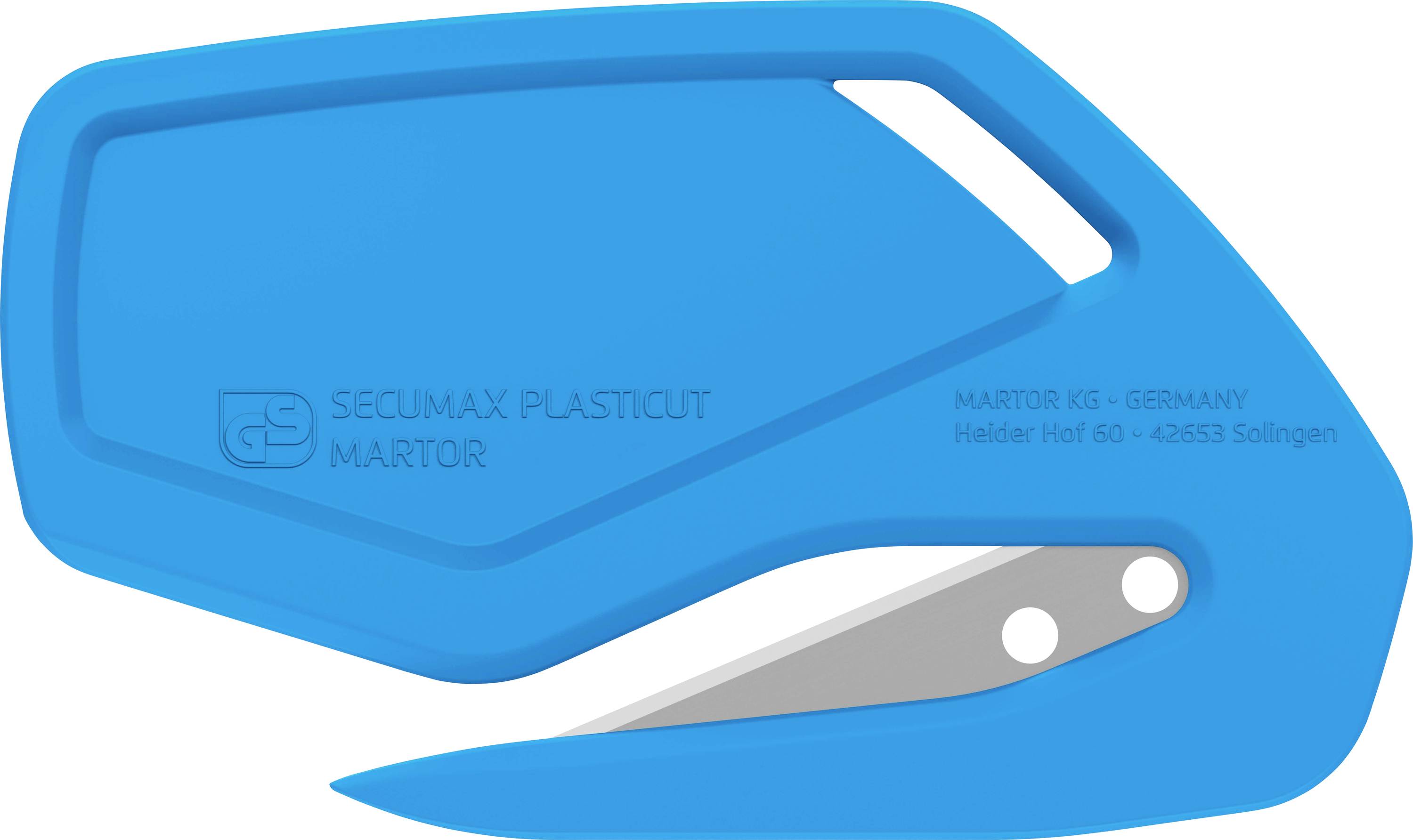 Ein blauer Sicherheitsmesser mit abgedeckter Klinge, geeignet zum sicheren Schneiden von Verpackungsmaterialien.
