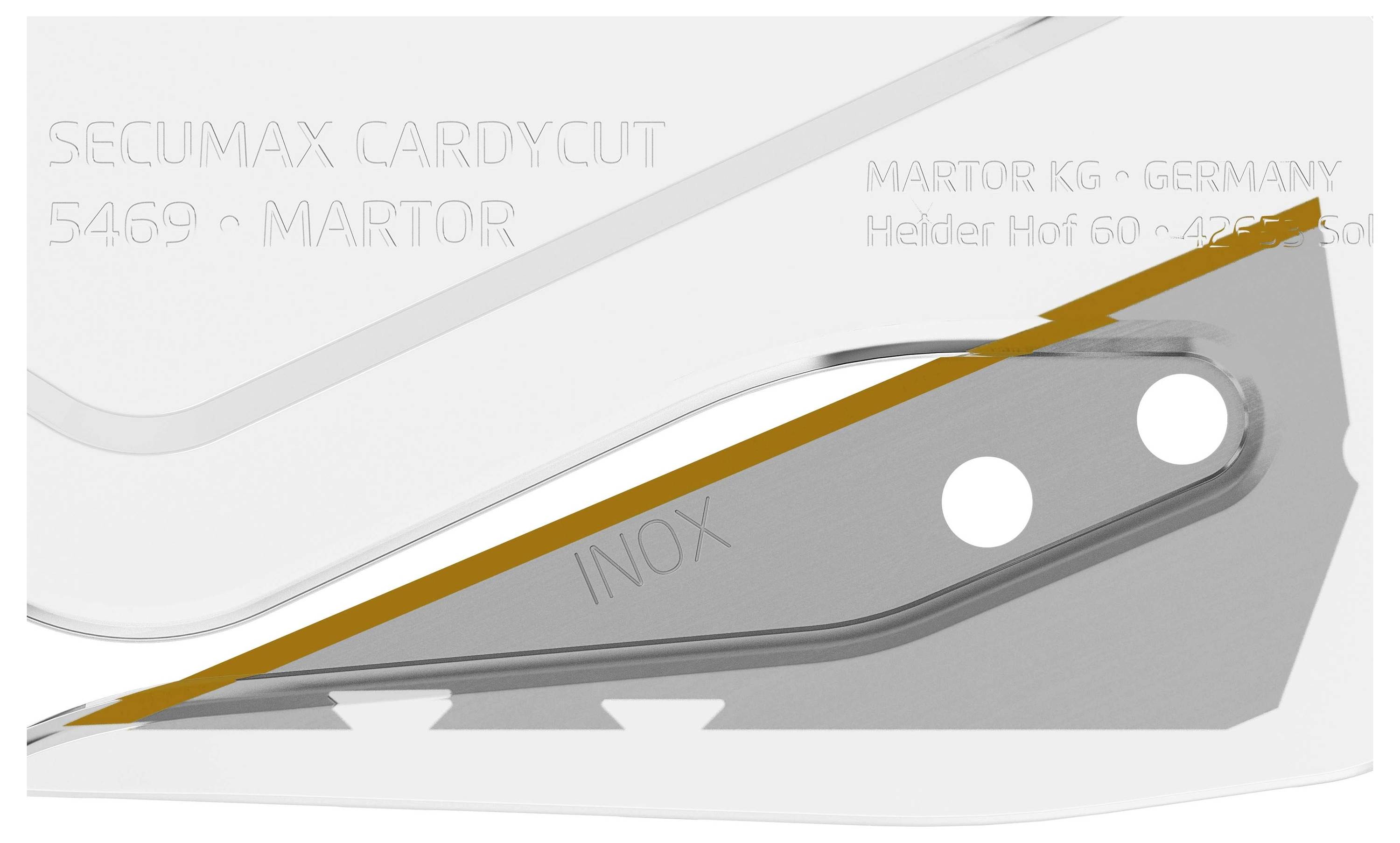 'SECUMAX CARDYCUT 5469' und 'INOX' auf silbernem Klingenstück. Hintergrundtext: Herstellerinformationen aus Deutschland.