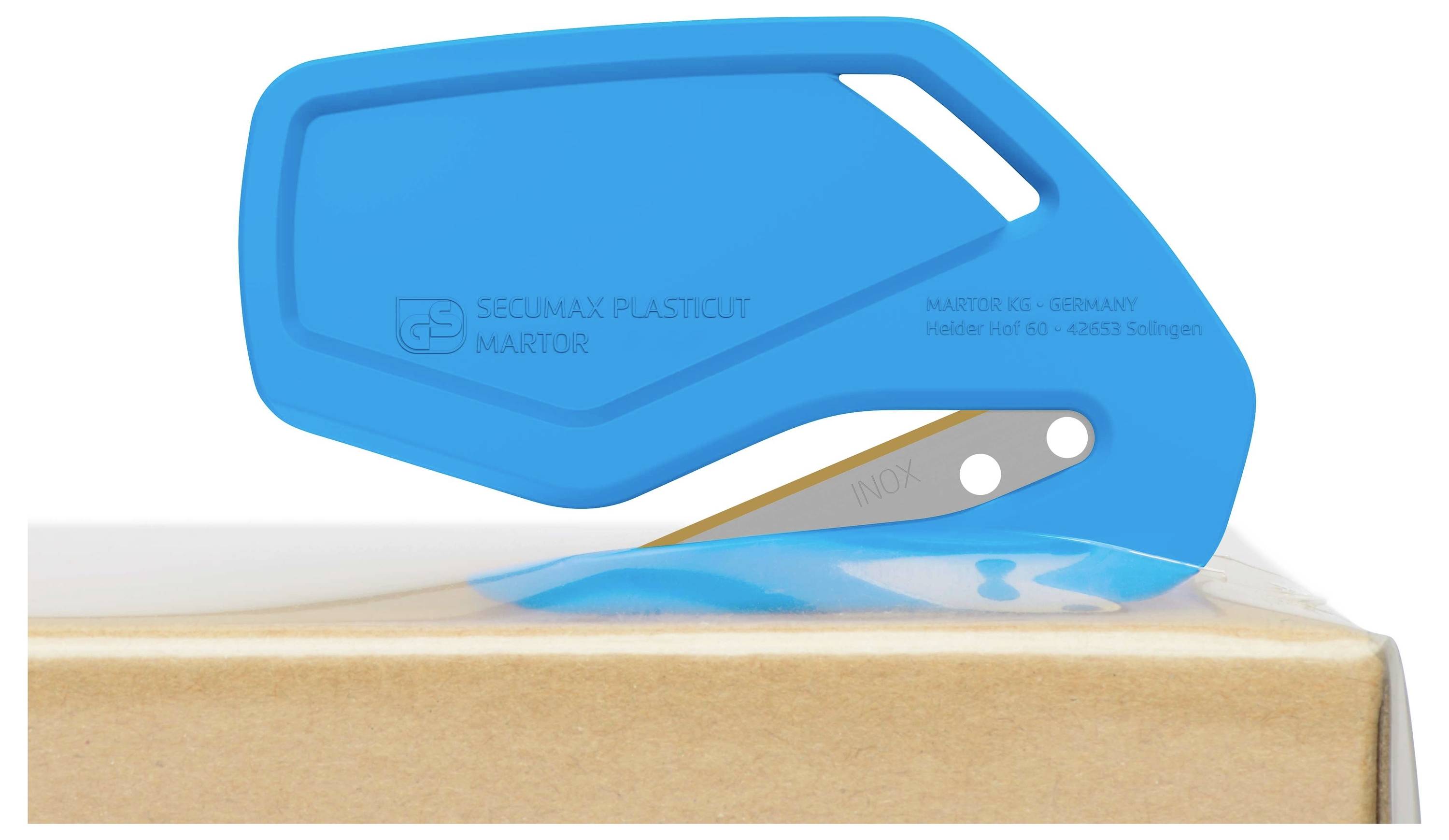 Brief description of a blue plastic cutter slicing through a cardboard box's packing tape, emphasizing the tool's purpose and functionality.