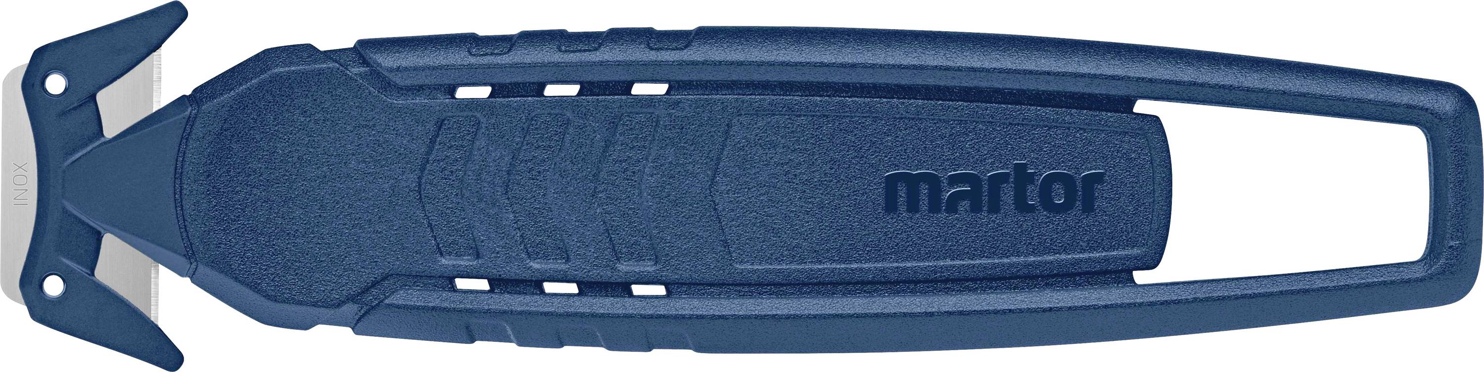 Ein blaues Sicherheitsmesser mit ergonomischem Griff, geeignet zum Schneiden verschiedener Materialien.