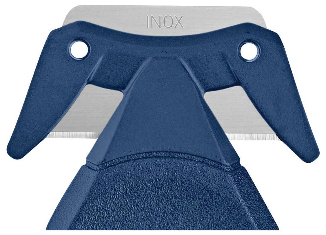 Ein blauer Farbschaber mit einer rostfreien Klinge. Oben auf der Klinge steht 'INOX'. Werkzeug zur Farbentfernung.