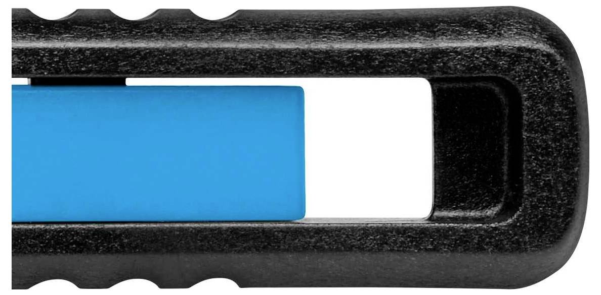 Ein schwarzes, rechteckiges Kunststoffgehäuse mit einer blauen, rechteckigen Taste in der Mitte.