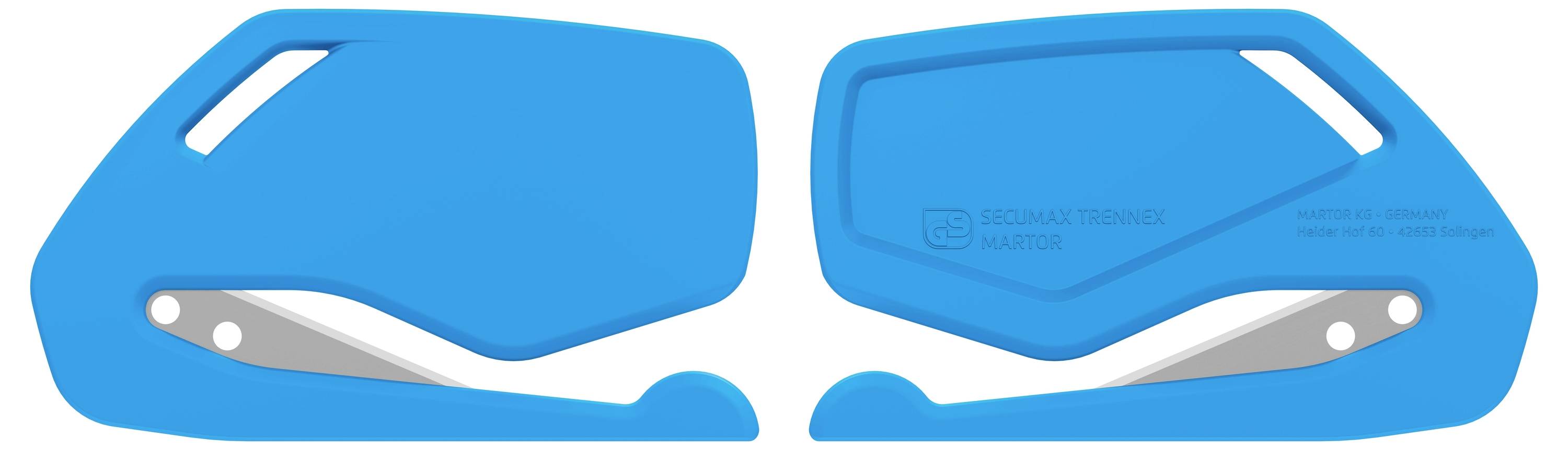 Zwei blaue Plastikverschlüsse mit integrierten Klingen, nebeneinander dargestellt. Sie sind ergonomisch geformt und zum Schneiden bestimmt.