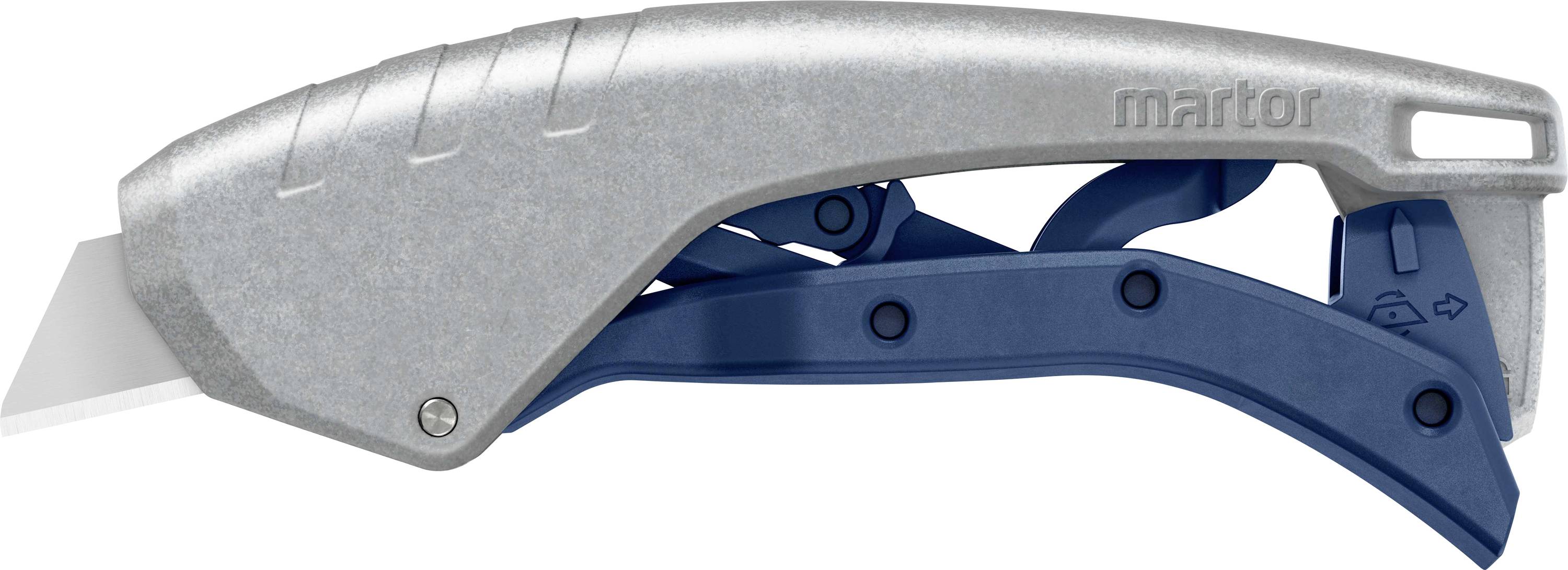 Ein silber-blauer Sicherheitscutter mit ergonomischem Griff und ausfahrbarer Klinge, geeignet für präzises Schneiden und Arbeitssicherheit.
