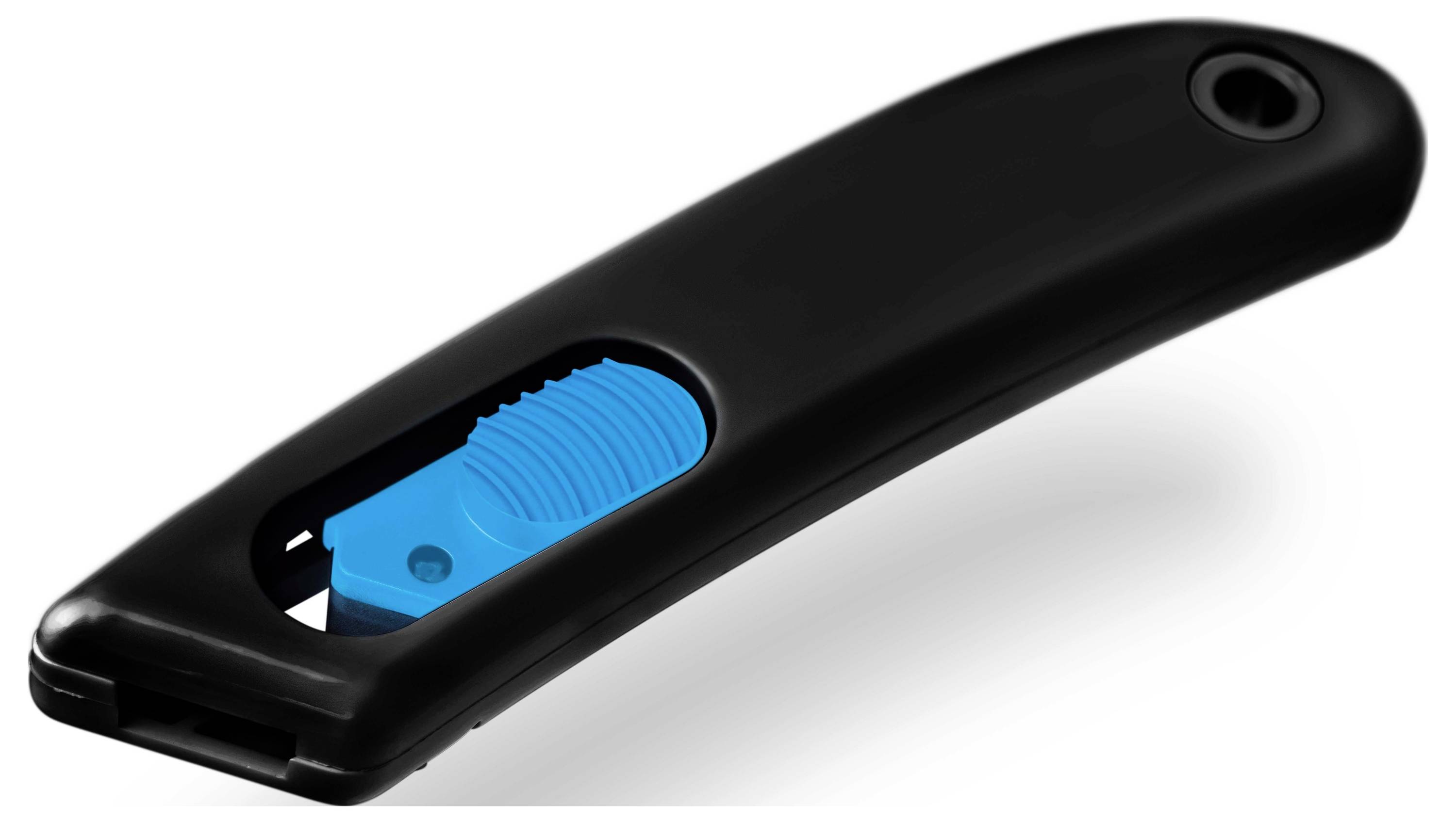 Schwarzer Griff mit integriertem blauen Klingenschutz für Sicherheitsmesser. Ergonomisch und einfach zu bedienen.