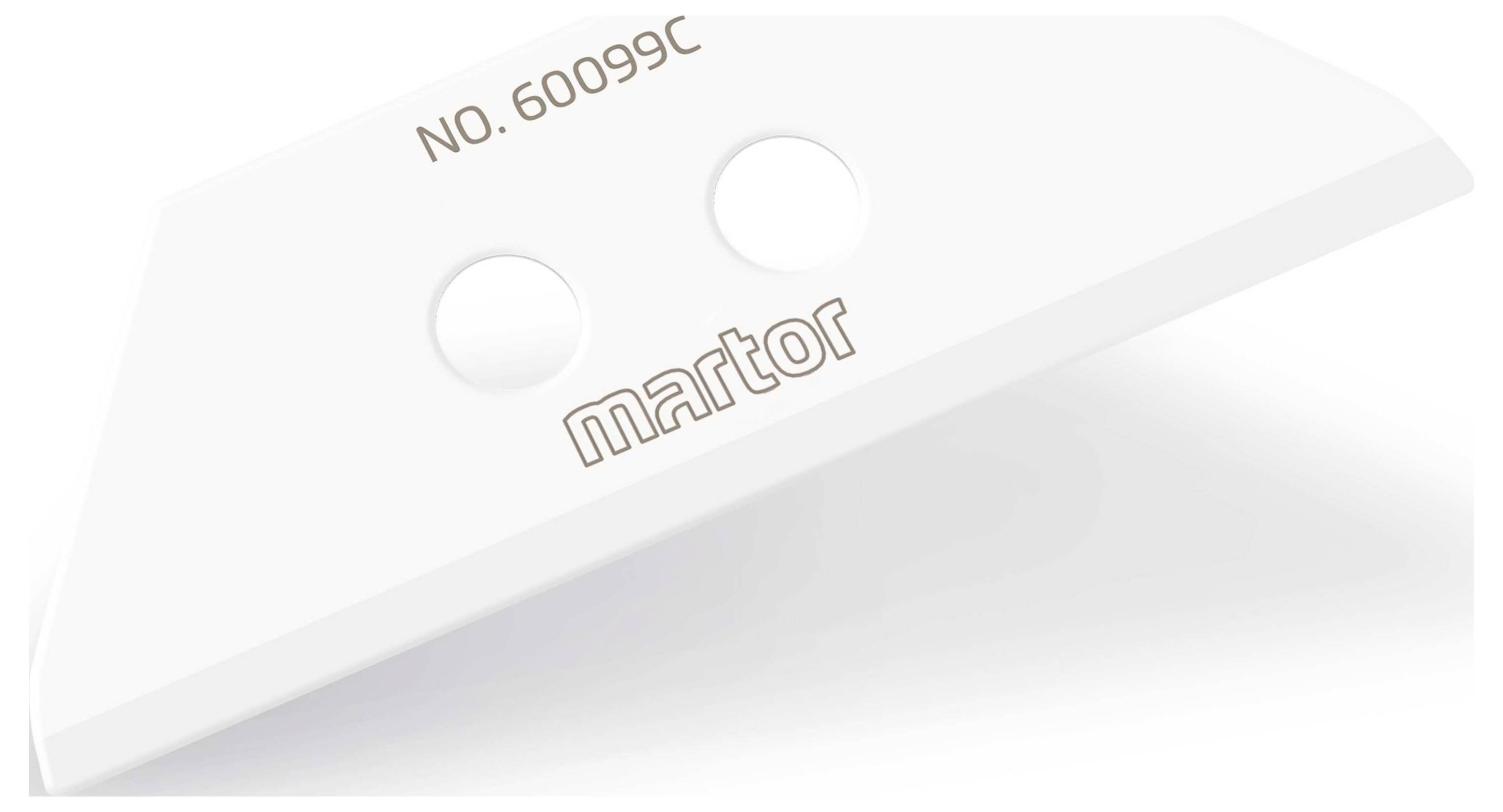 Ersatzklinge mit der Aufschrift 'No. 60099C martor', geeignet für Sicherheitsmesser, zweiseitig geschärft, weißes Design.