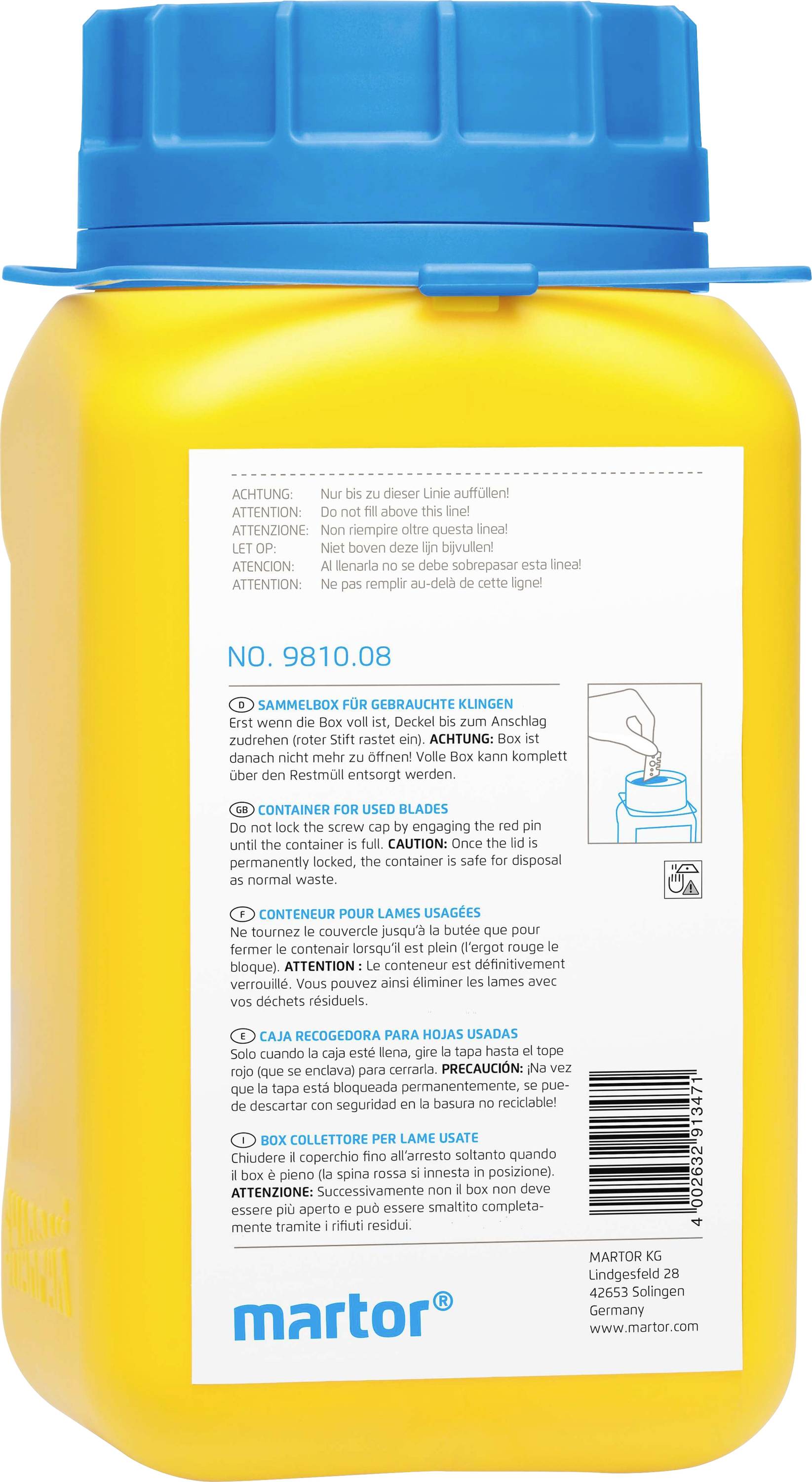 Gelber Behälter mit blauer Kappe zur sicheren Entsorgung von gebrauchten Klingen. Enthält Warnhinweise und Gebrauchsanweisungen.