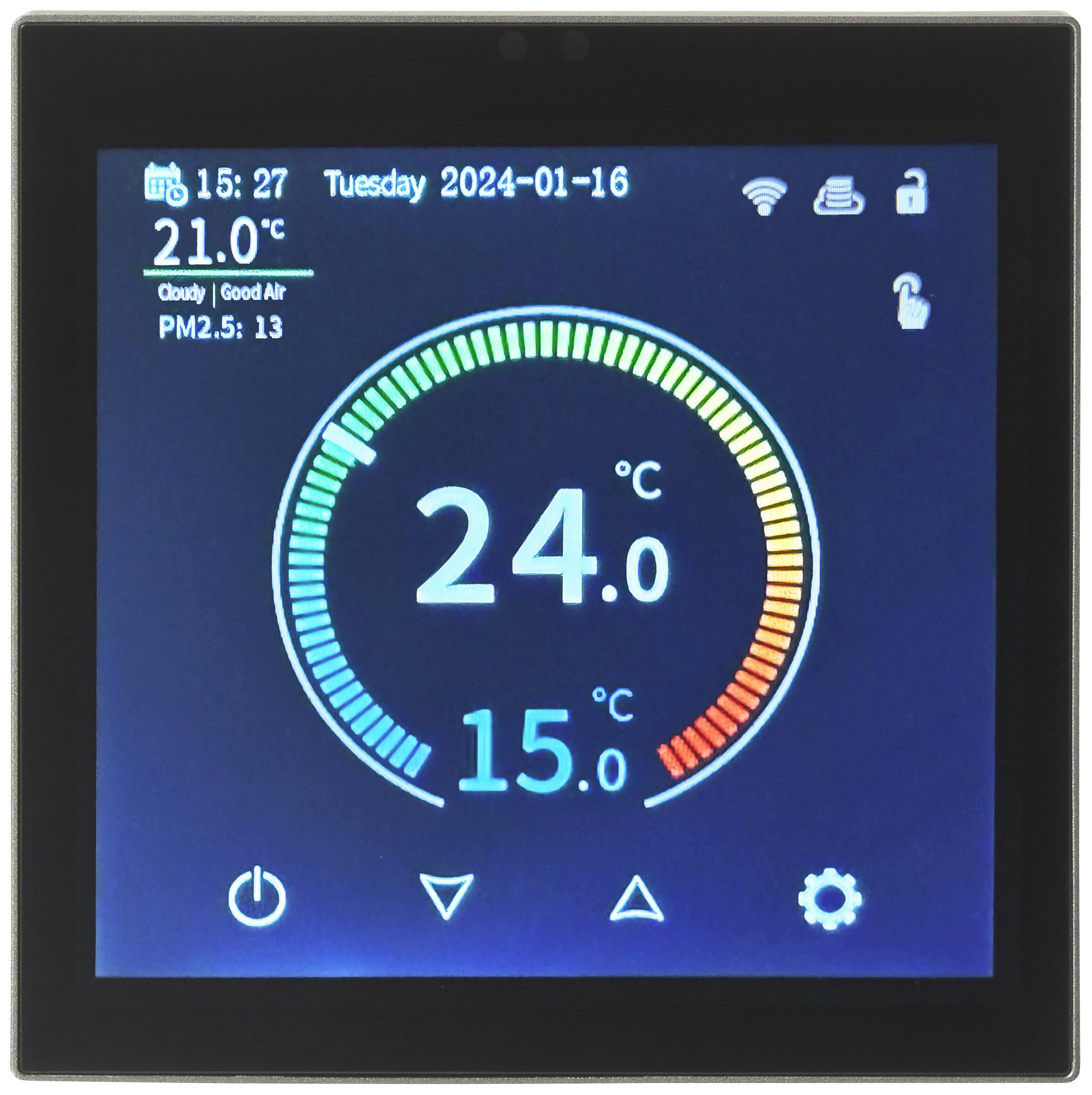 Digitalanzeige mit Datum 'Tuesday 2024-01-16', Uhrzeit 15:27, Temperatur 24°C, Luftqualität gut, PM2.5: 13 µg/m³.