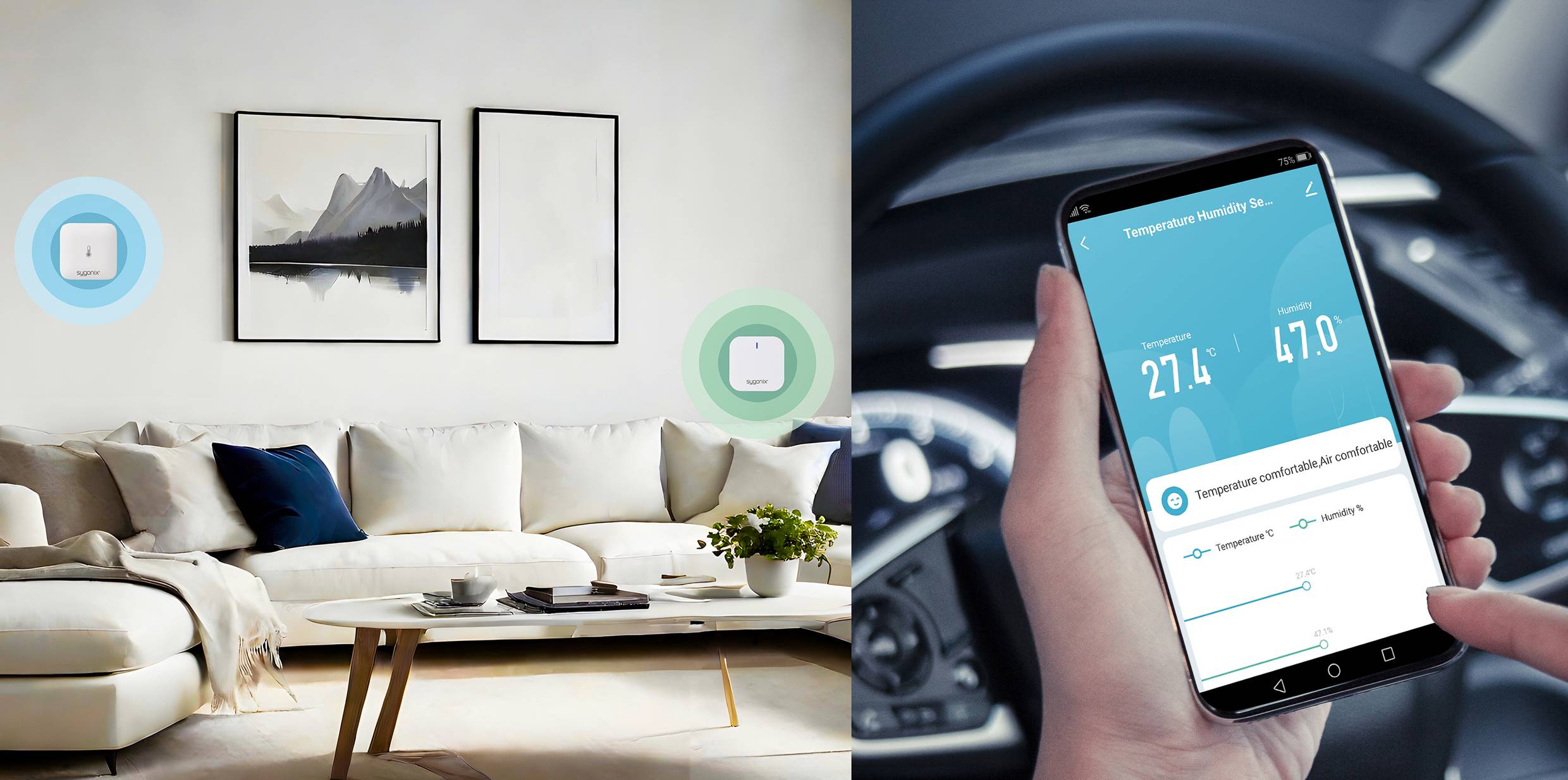 Ein Wohnzimmer mit einem Sofa und zwei Wandbildern. Ein Smart-Temperaturgerät ist montiert, verbunden mit einer App auf einem Smartphone.