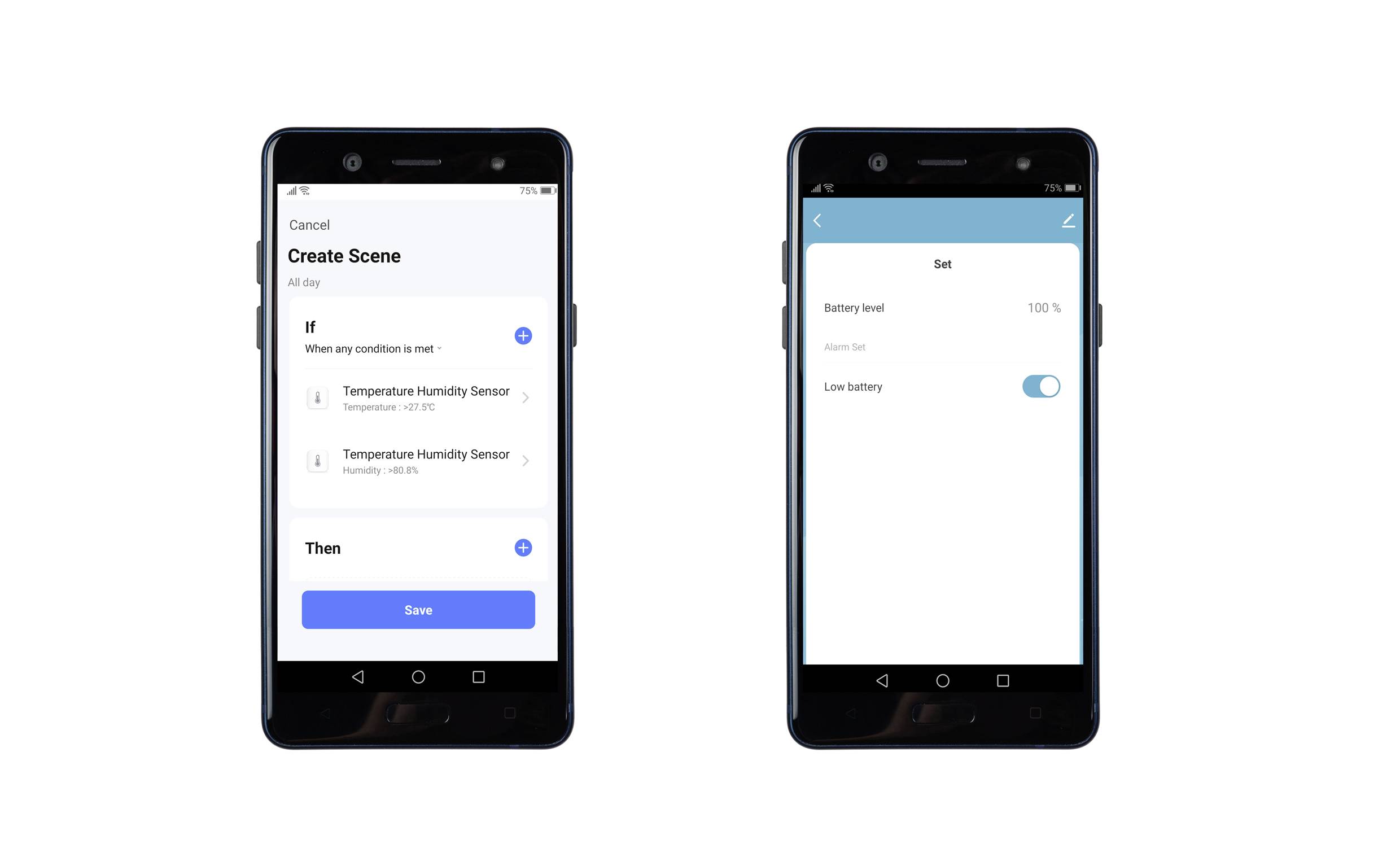Zwei Handybildschirme zeigen Einstellungen für eine Szene. Links: Temperatur- und Luftfeuchtigkeitssensor. Rechts: Batteriewarnung aktivieren.