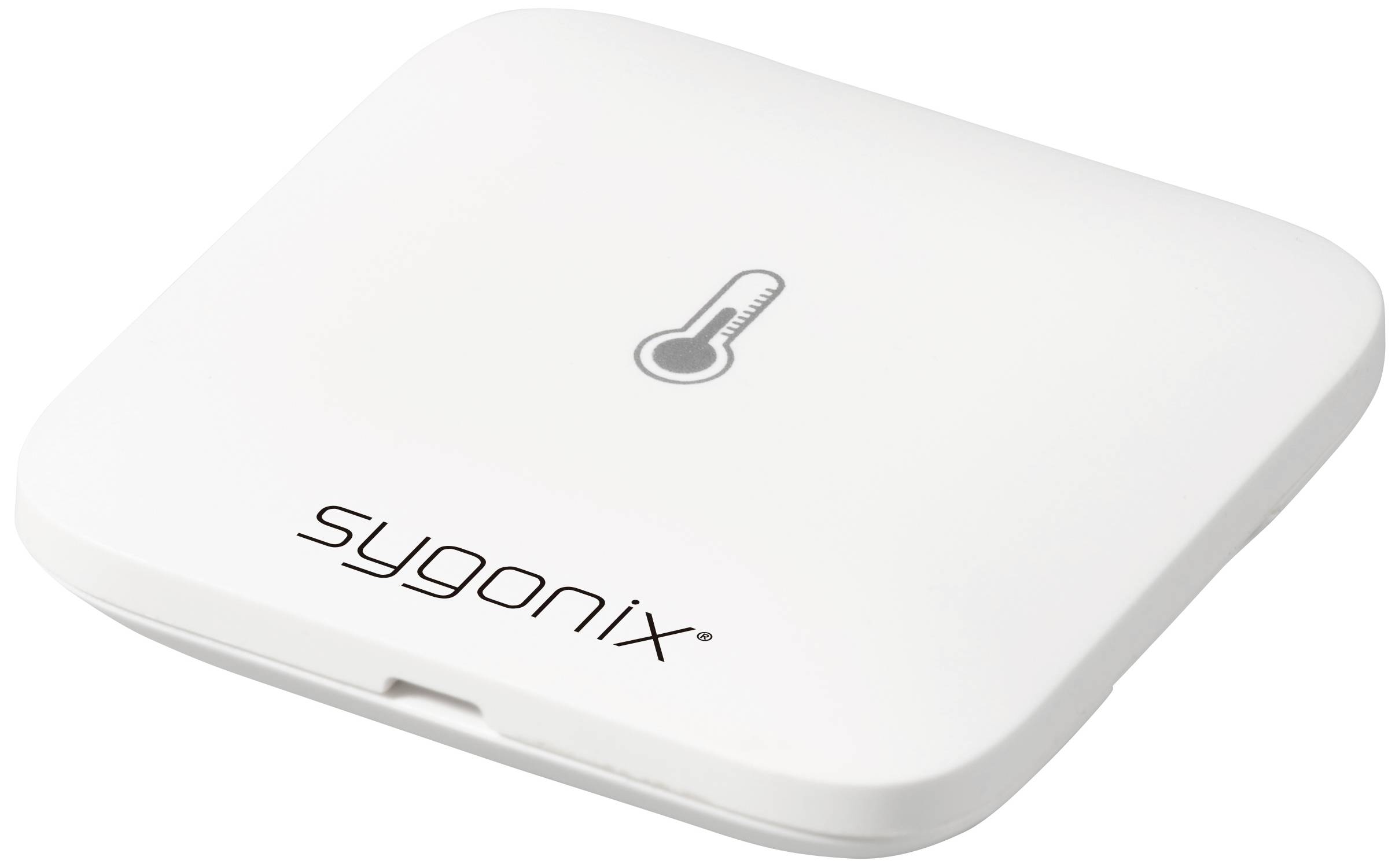 Ein quadratischer, weißer Temperaturfühler von Sygonix. Oben ist ein Thermometer-Symbol abgebildet.