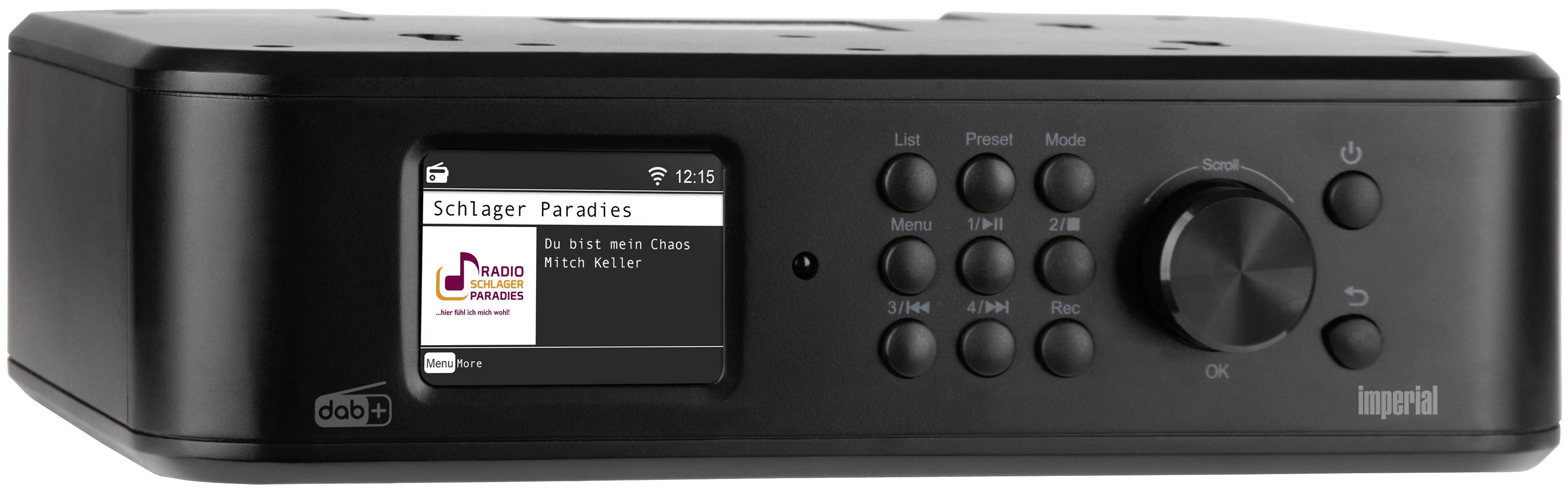 Ein schwarzes Digitalradio mit einem Display, auf dem 'Schlager Paradies' gespielt wird. Daneben sind Knöpfe und ein Lautstärkeregler zu sehen.
