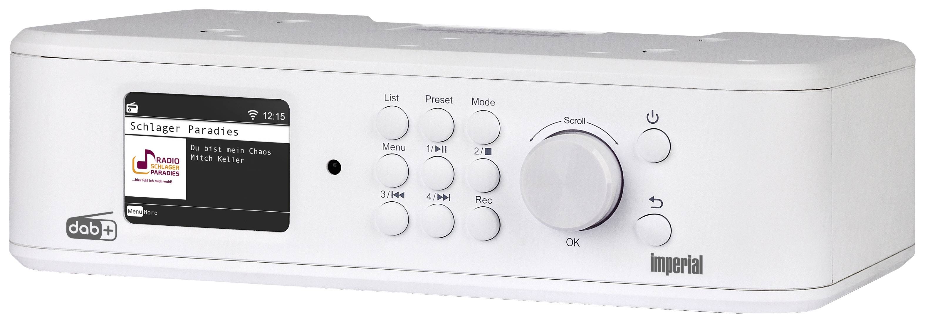 Weißes DAB+ Radio mit Display. Zeigt Sender 'Schlager Paradies' an. Tasten für Preset, Menü, Sendersuche und Lautstärke.