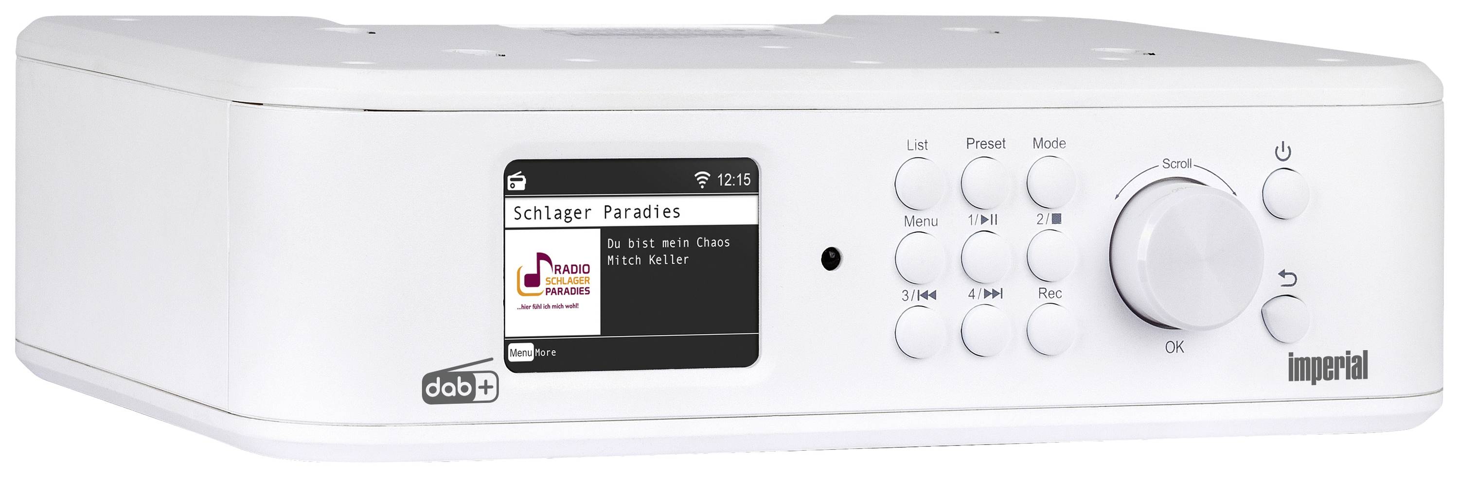 Radioempfänger mit Digitalanzeige, zeigt den Sender 'Schlagerparadies'. Rechts Tasten zur Bedienung und großer Lautstärkeregler.