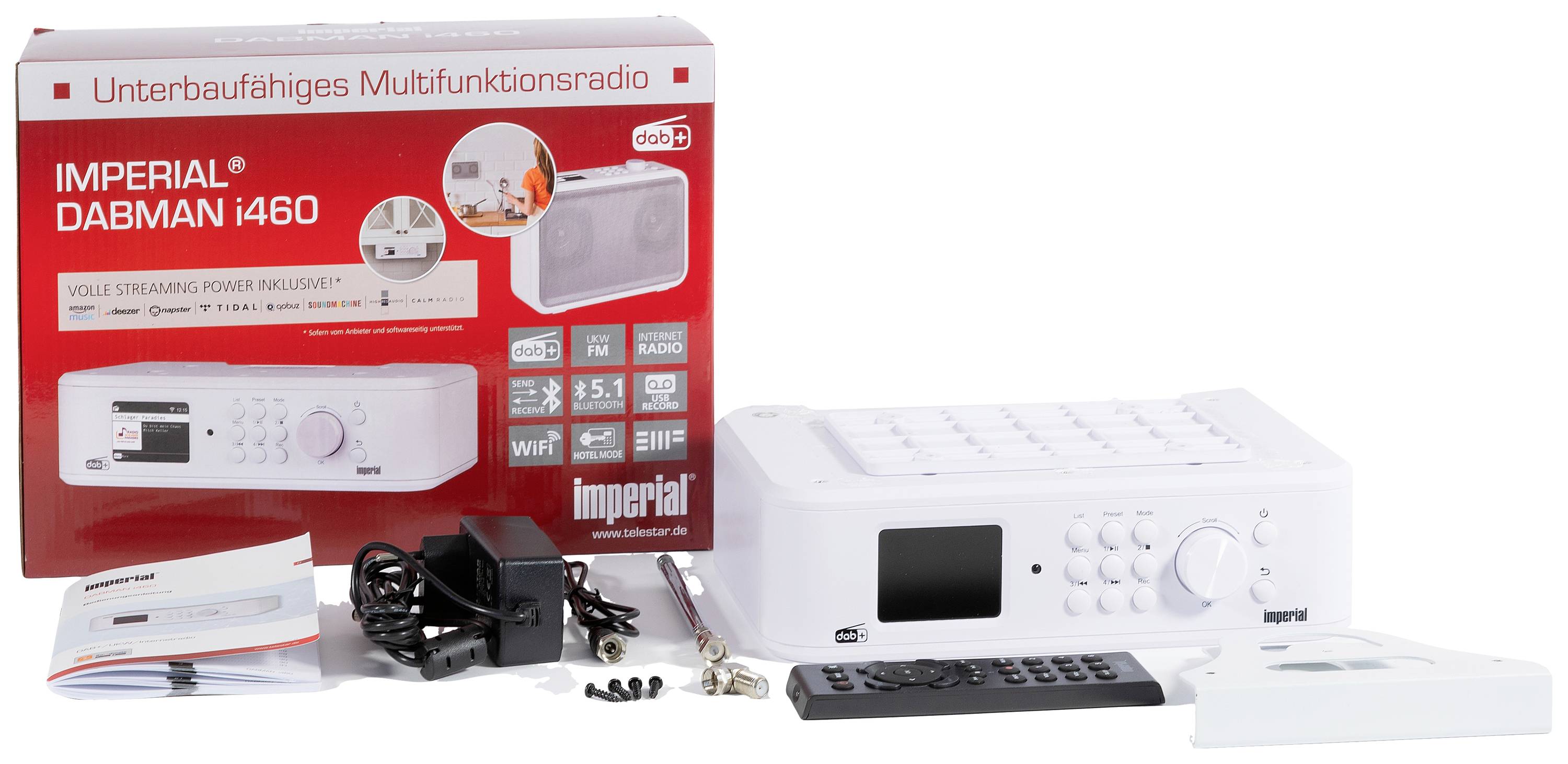 Unterbau-Digitalradio Imperial DABMAN i460 in Weiß. Beinhaltet Fernbedienung, Netzteil und Handbuch. Verpackung zeigt Radiofunktionen.