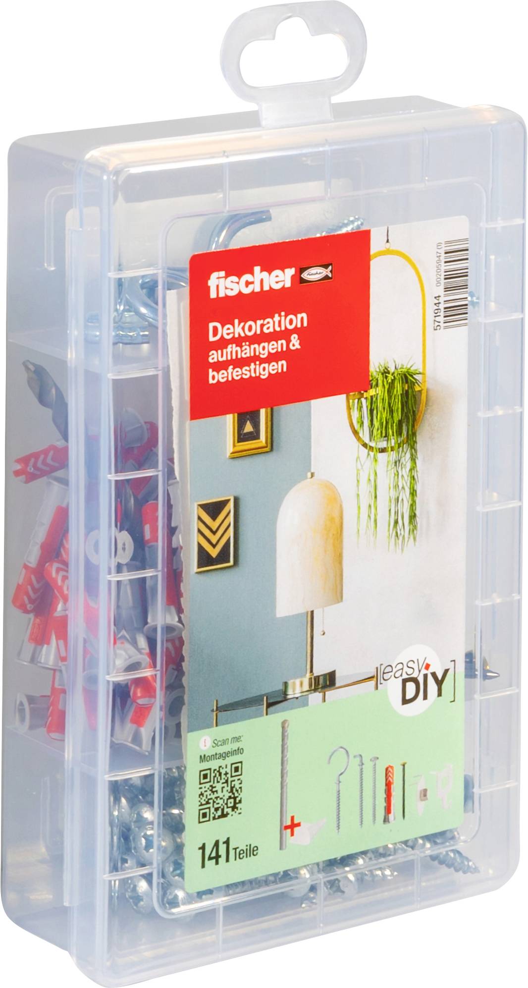 Eine Plastikbox mit einem 141-teiligen DIY-Set von Fischer zum Aufhängen und Befestigen, abgebildet mit Dekorationsbeispielen.
